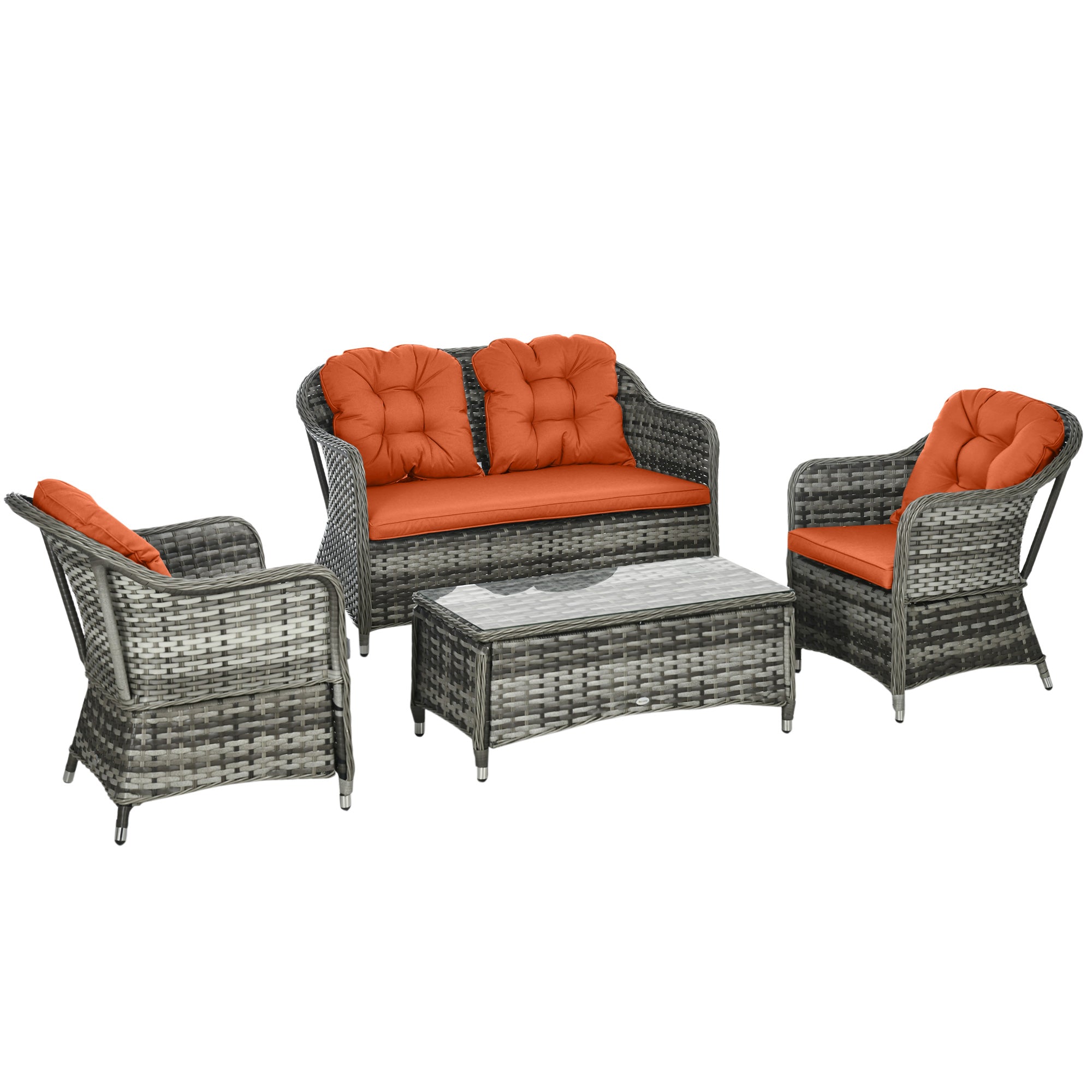 4 Piece Rattan Sofa Set with Glass Top Table - Orange