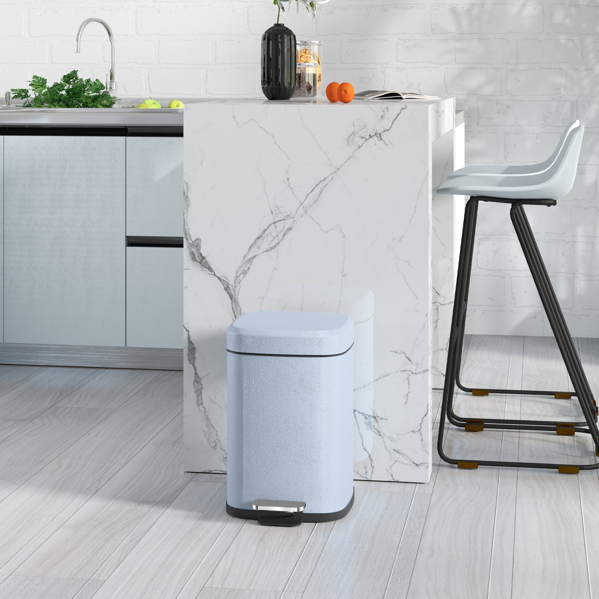 12L Modern Boxy Metal Kitchen Bin with Pedal - Light Blue