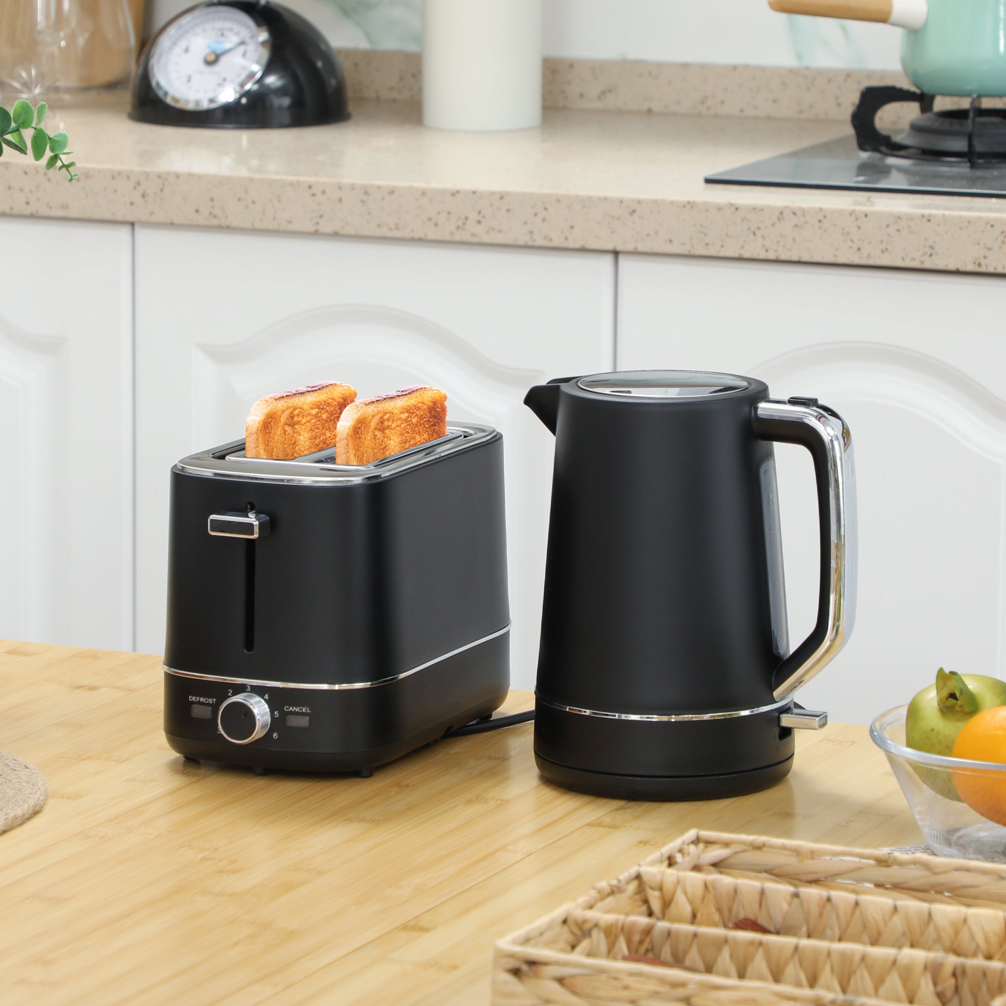 1.7L 3000W Fast Boil Kettle & 2-Slice Toaster Set with 6 Browning Levels, Defrost & Reheat - Black