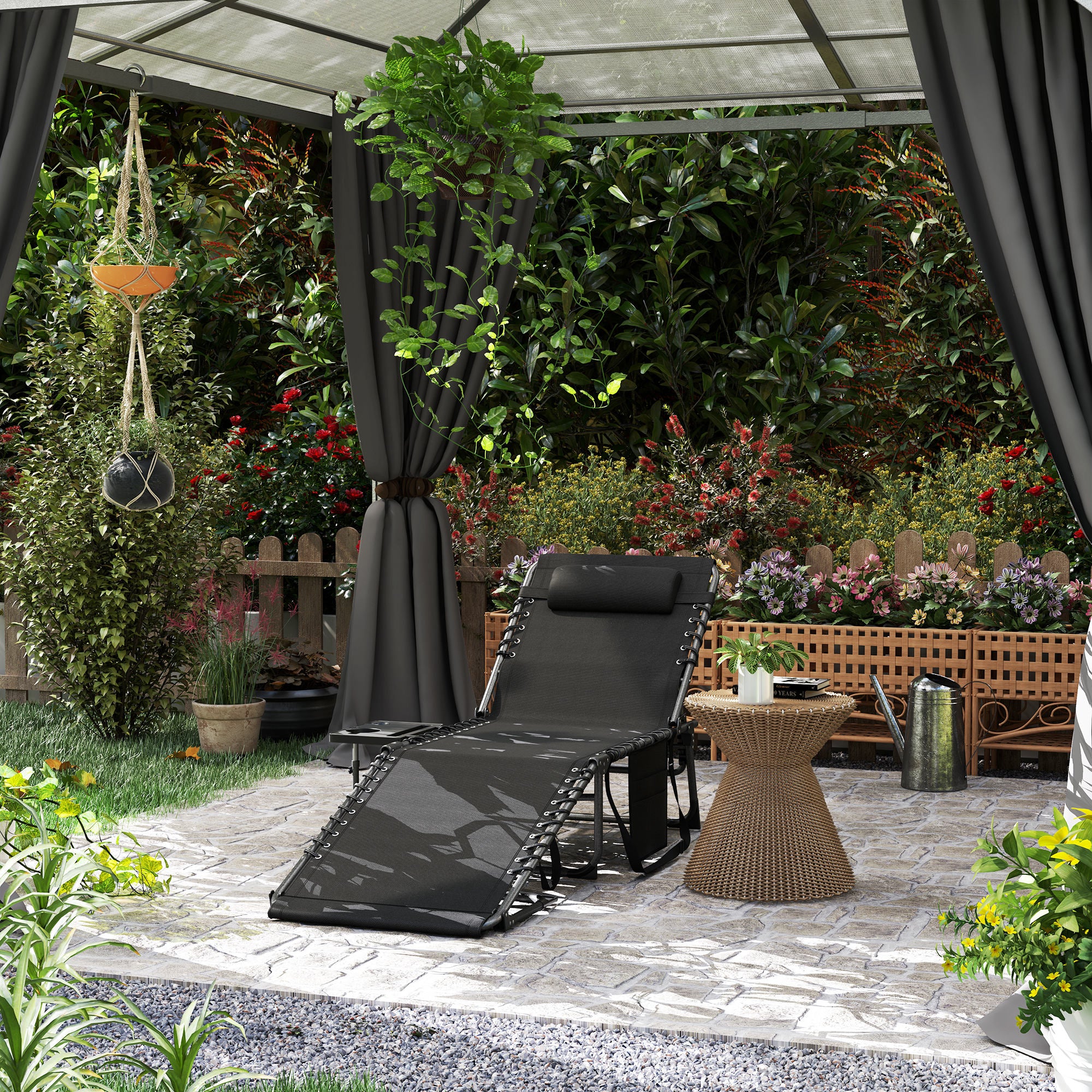 Five-Position Adjustable Reclining Sun Lounger with Side Table and Pillow - Black