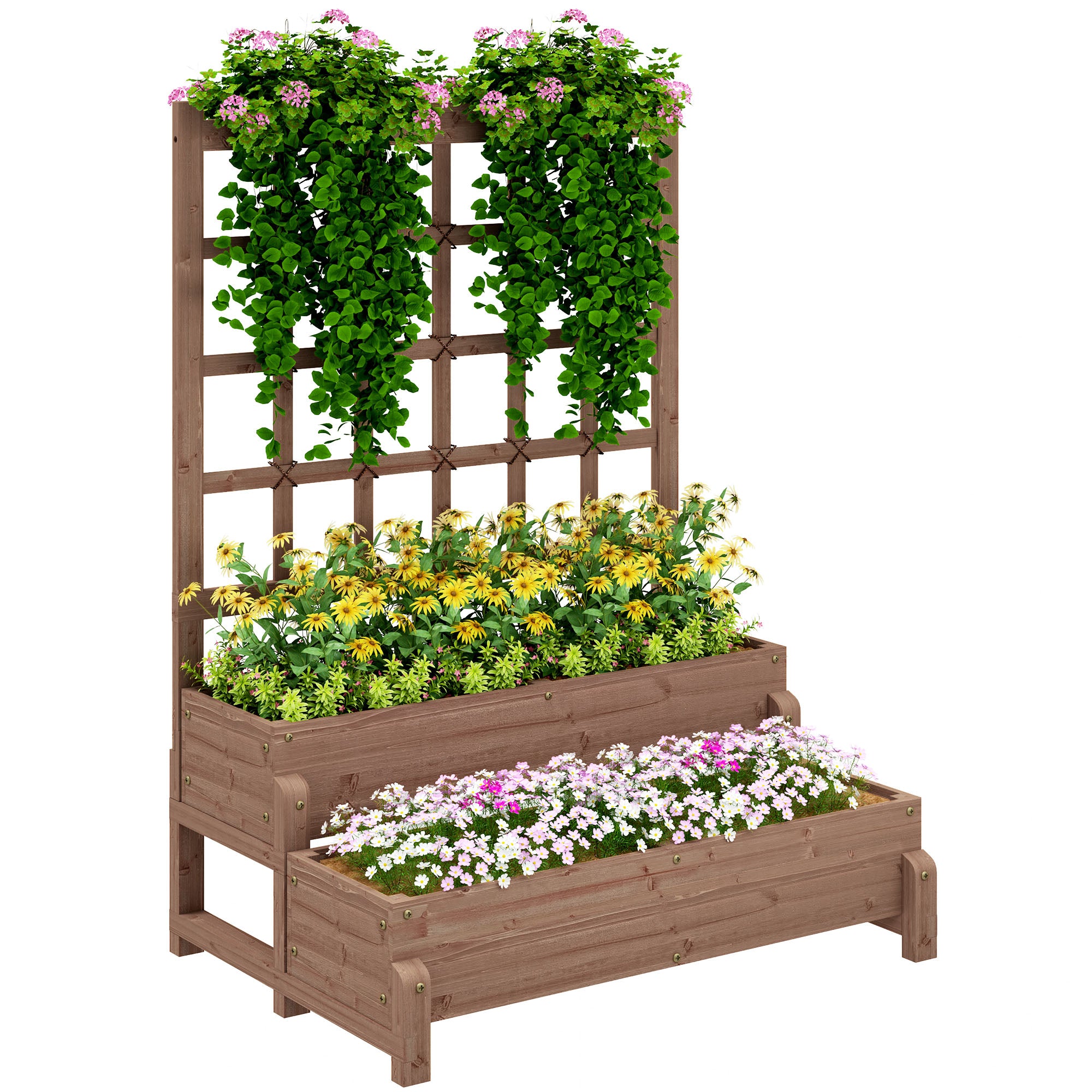 2 Tier Raised Garden Bed with Trellis - Elevated Wooden Planter Brown