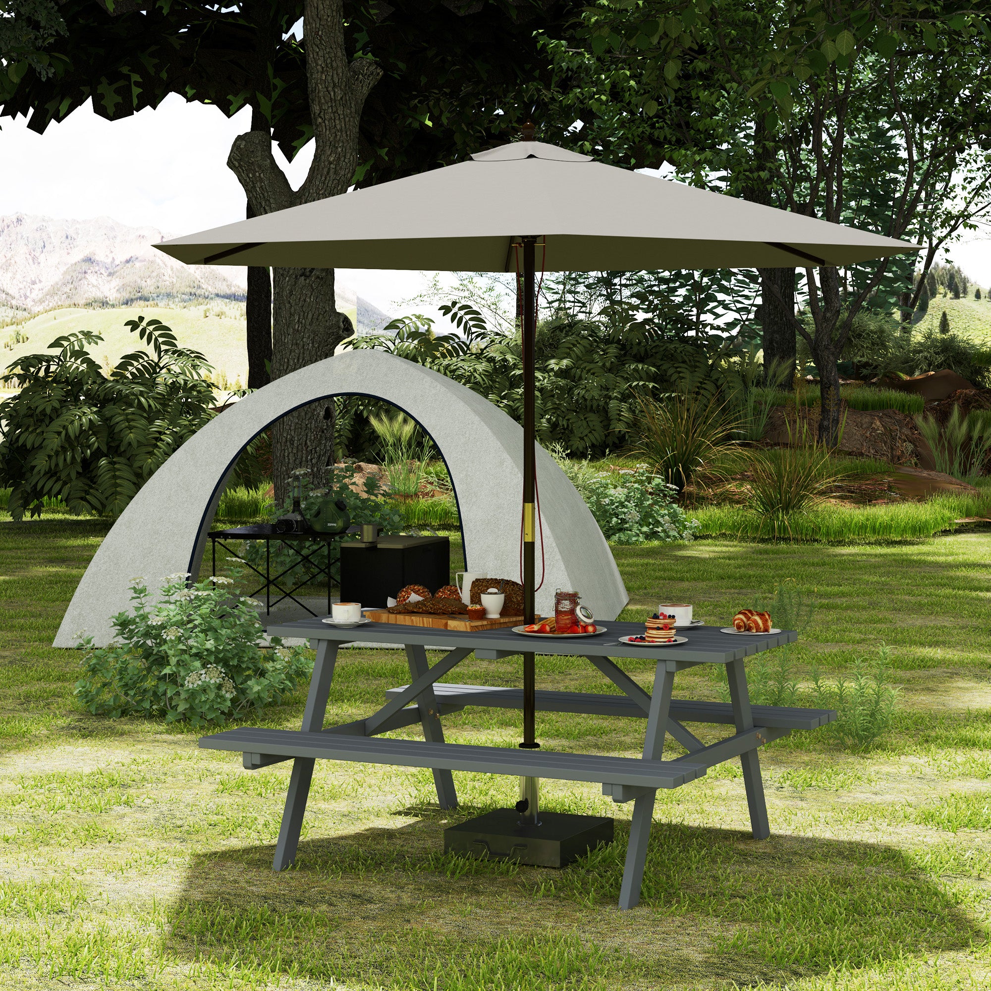 4 Seater Wooden Picnic Table Bench for Outdoor Garden or Patio with Parasol Cutout 150 cm Grey