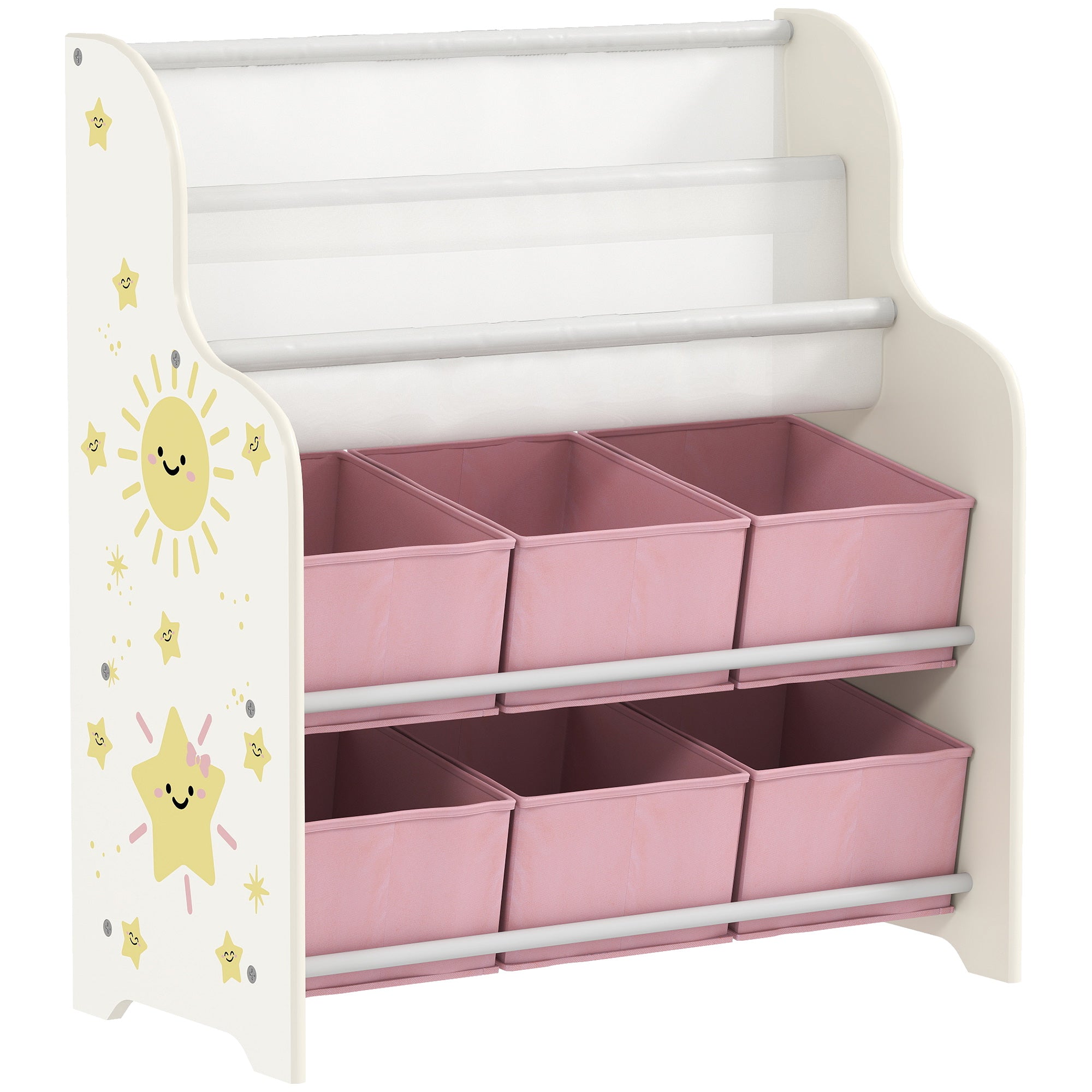 Kids Storage Unit, Toy Organiser with 6 Fabric Drawers and 2-Tier Sling Book Rack for Bedroom, Playroom, Nursery, Pink