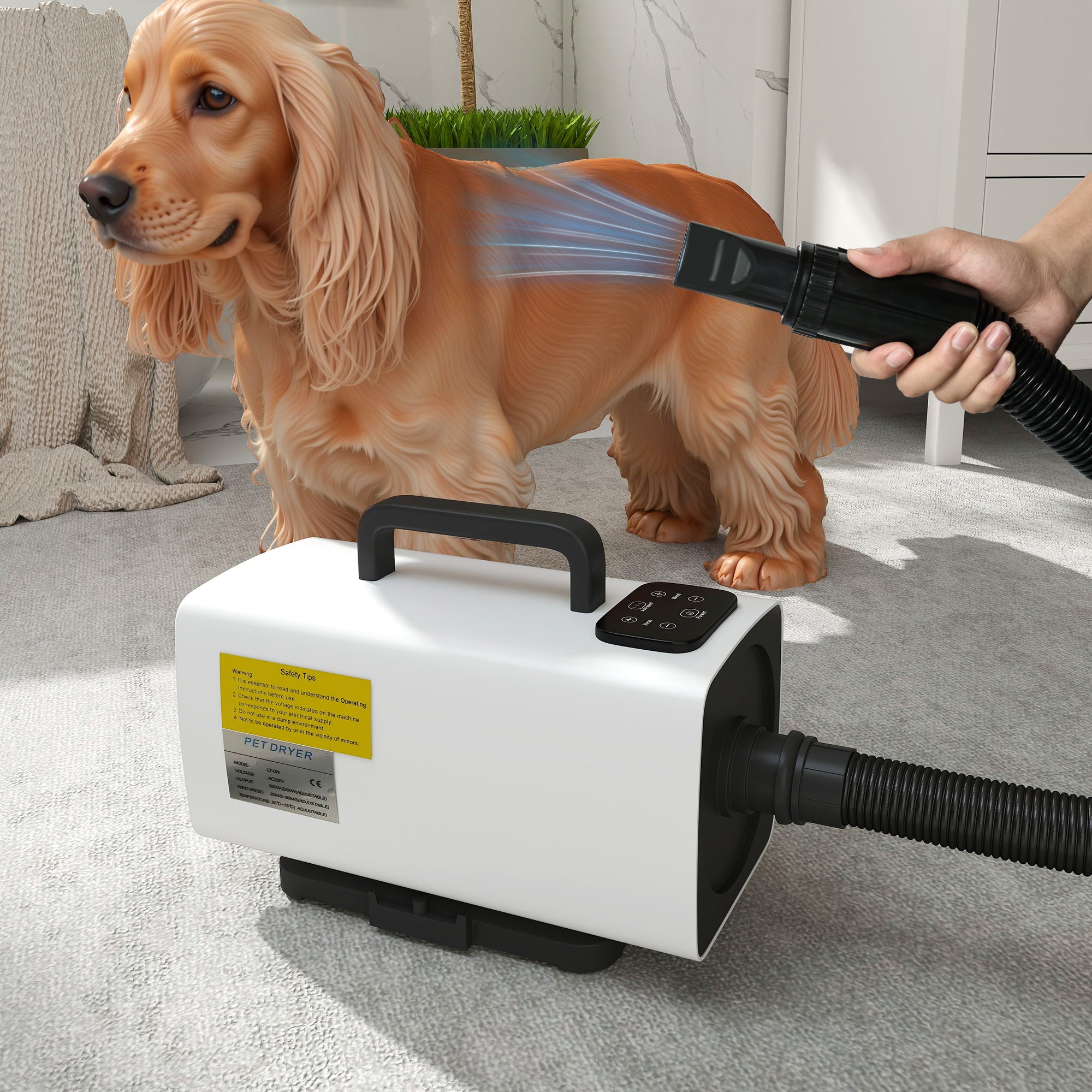 2200W Dog Hair Dryer with Auto Adjustable Temperature & Airflow, 3 Nozzles, Digital Screen, for Dogs Cats, White