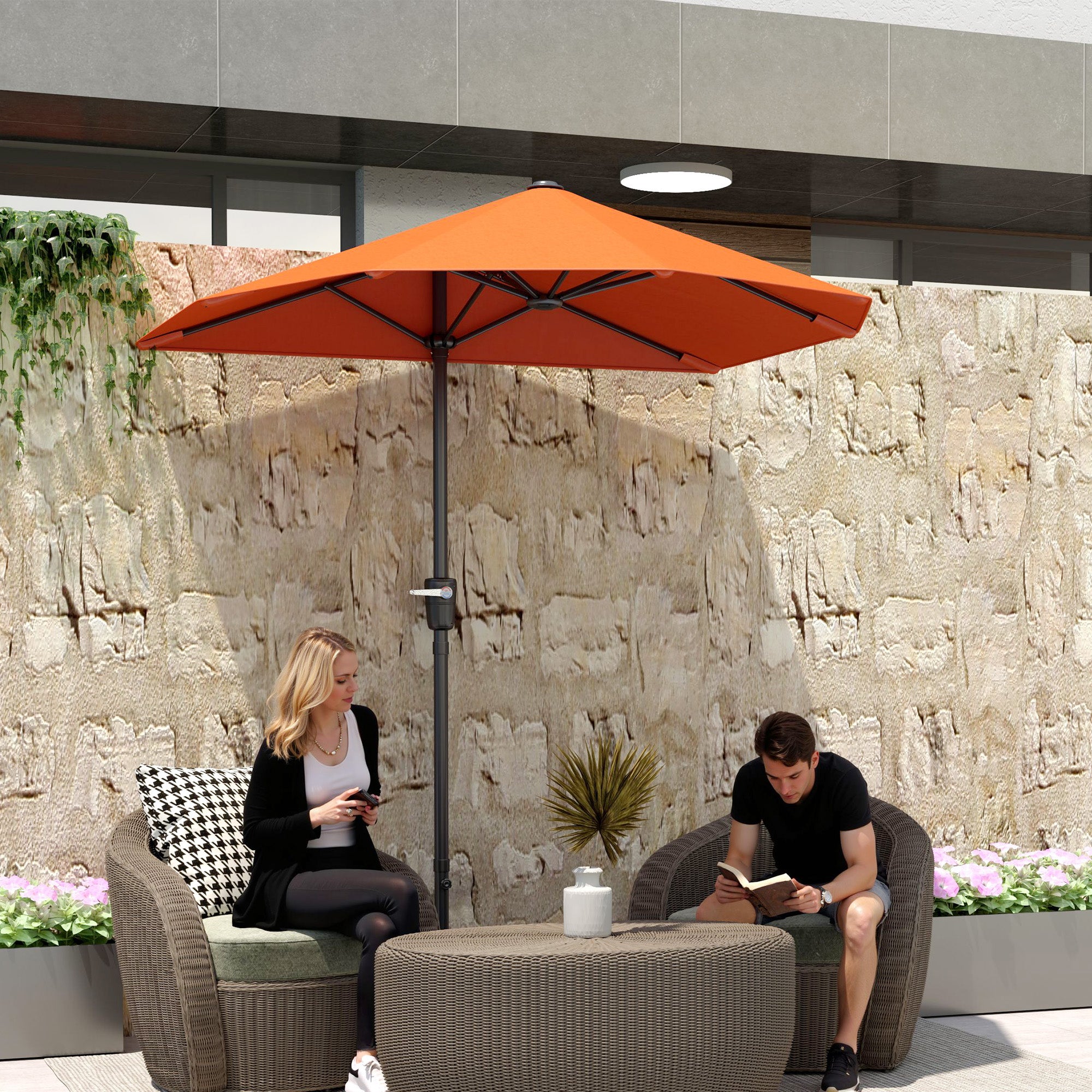 2 Metre Half Parasol Garden Umbrella with Crank Handle - Orange