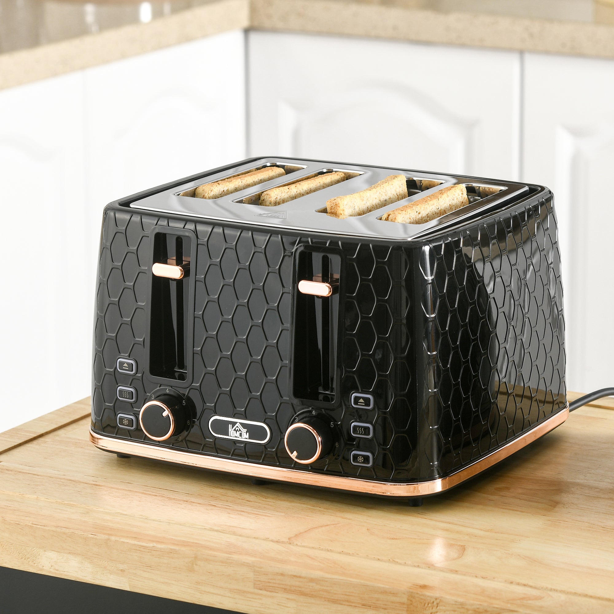 4 Slice Toaster with 7 Browning Levels, High Lift, Reheat/Defrost/Cancel, Self-centring Function, Removable Crumb Tray, Auto Off, 1600W, Black Honeycomb Texture
