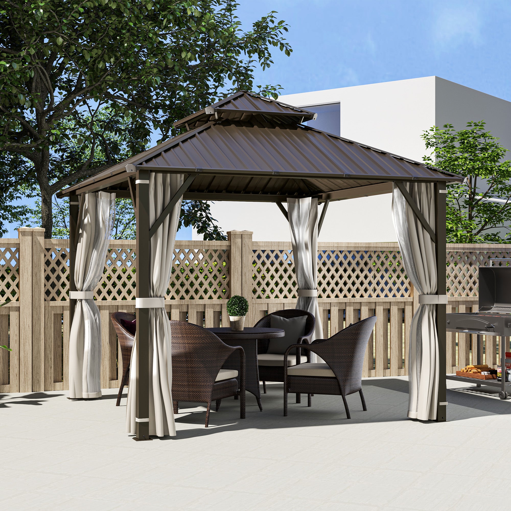 3 x 3m Hardtop Gazebo Canopy with Double Metal Roof, Netting & Curtains - Beige