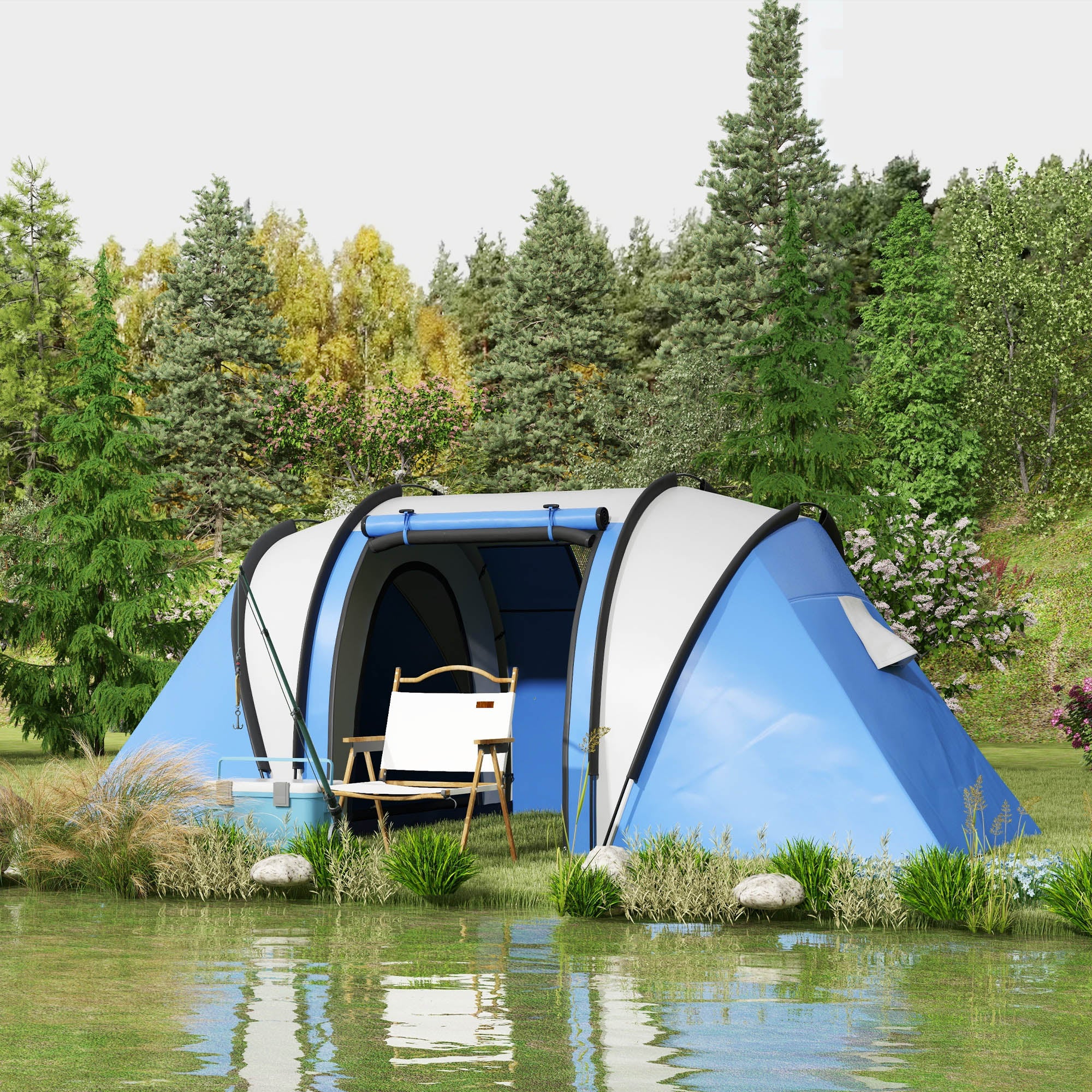 Spacious 3000mm Waterproof Family Camping Tent with 2 Bedrooms - Blue