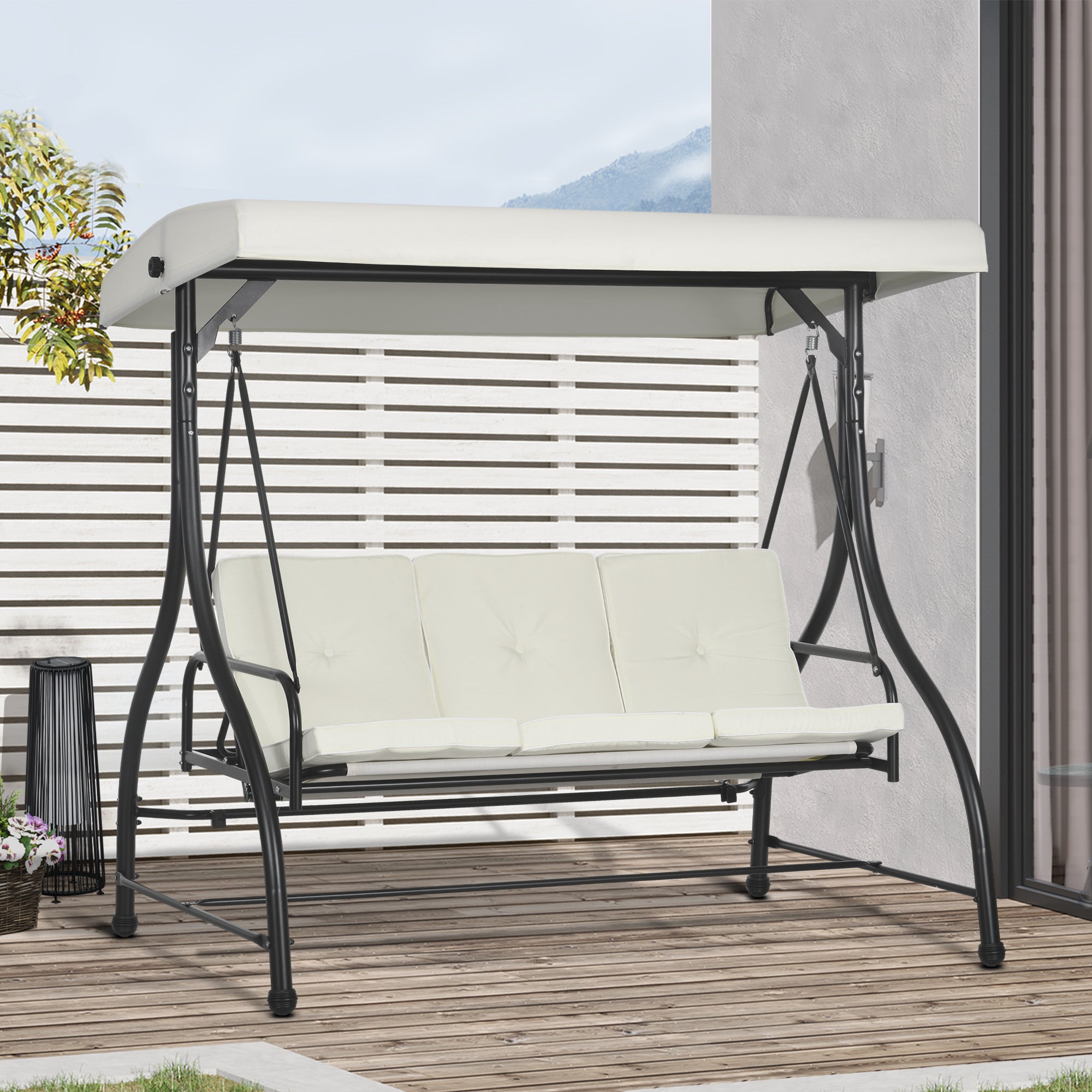 3 Seater 2-in-1 Garden Canopy Swing Chair with Adjustable Canopy and Metal Frame - Cream White
