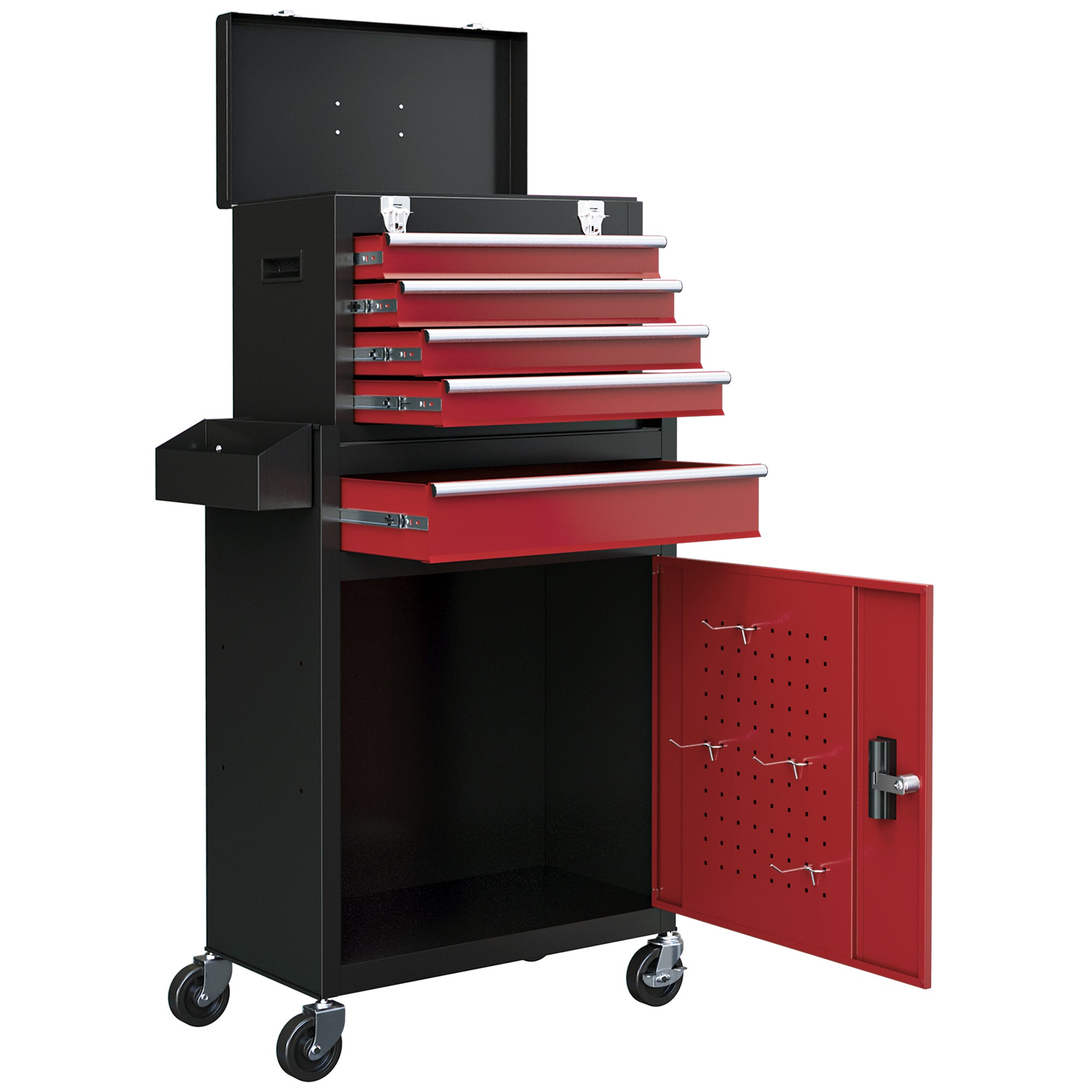 Two-Part Rolling Tool Storage Chest with Lockable Cabinet - Black/Red
