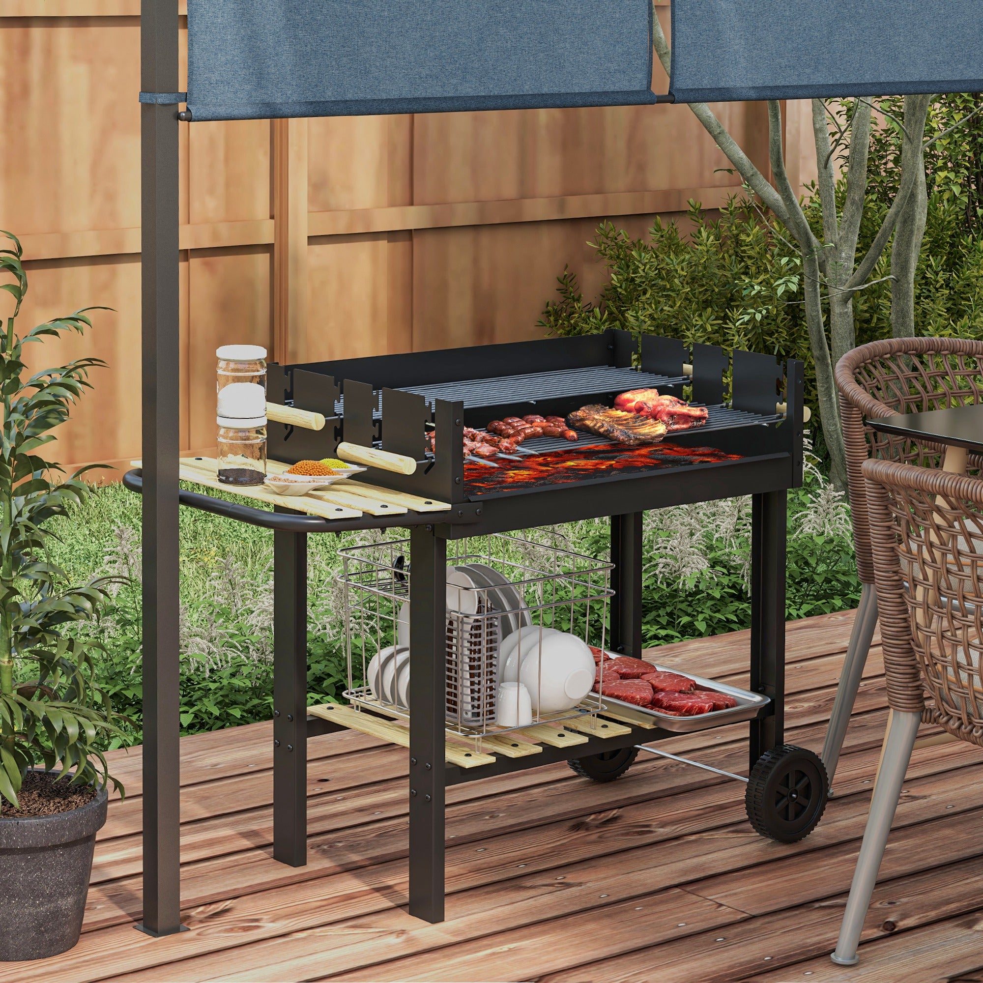 Charcoal BBQ Grill, Barbecue Trolley with Double Adjustable Grill, Side Table, Storage Shelf and Wheels for Outdoor Garden Party Cooking, Black