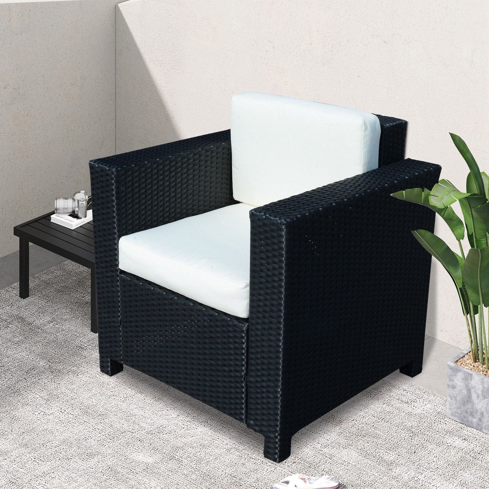 1 Seater Rattan Garden All - Weather Wicker Weave Single Sofa Armchair with Fire Resistant Cushion - Black - Bedzy UK modern and affordable home furniture England