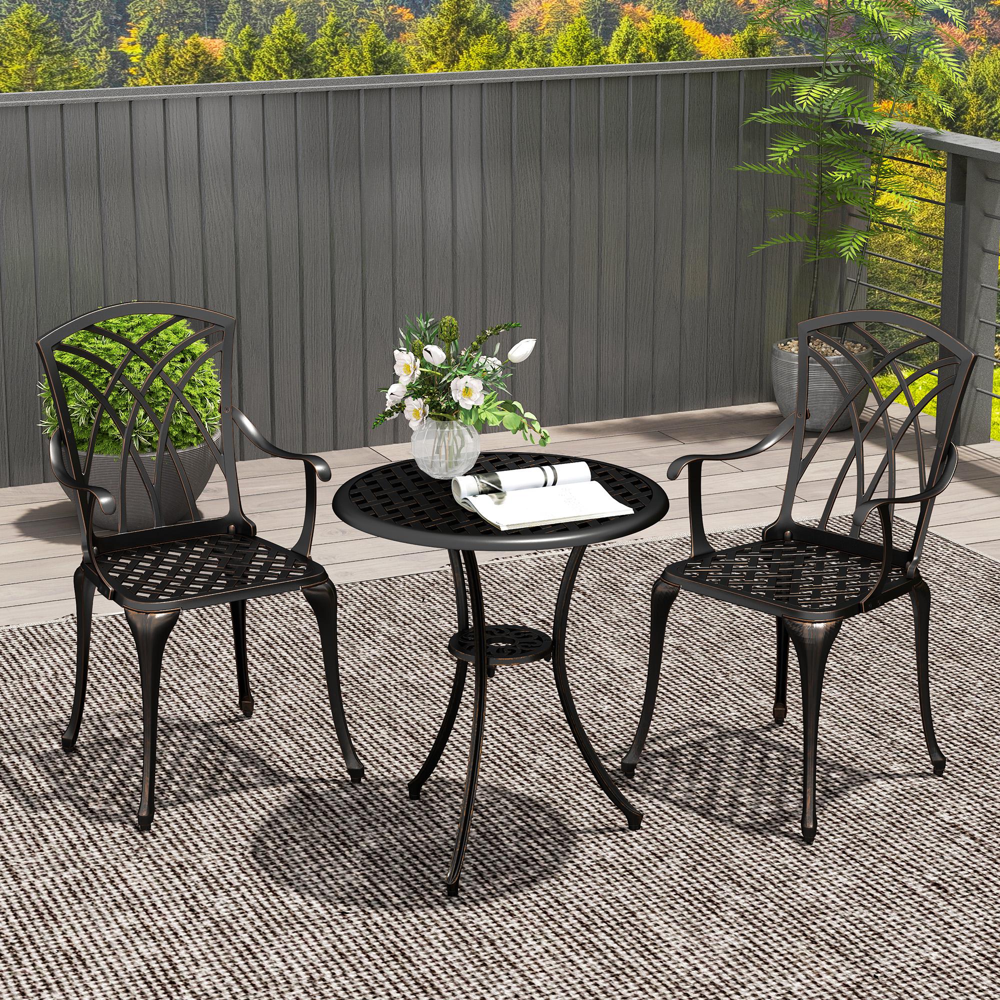 3-Piece Cast Aluminium Garden Dining Set for 2 with Parasol Hole - Bronze Tone