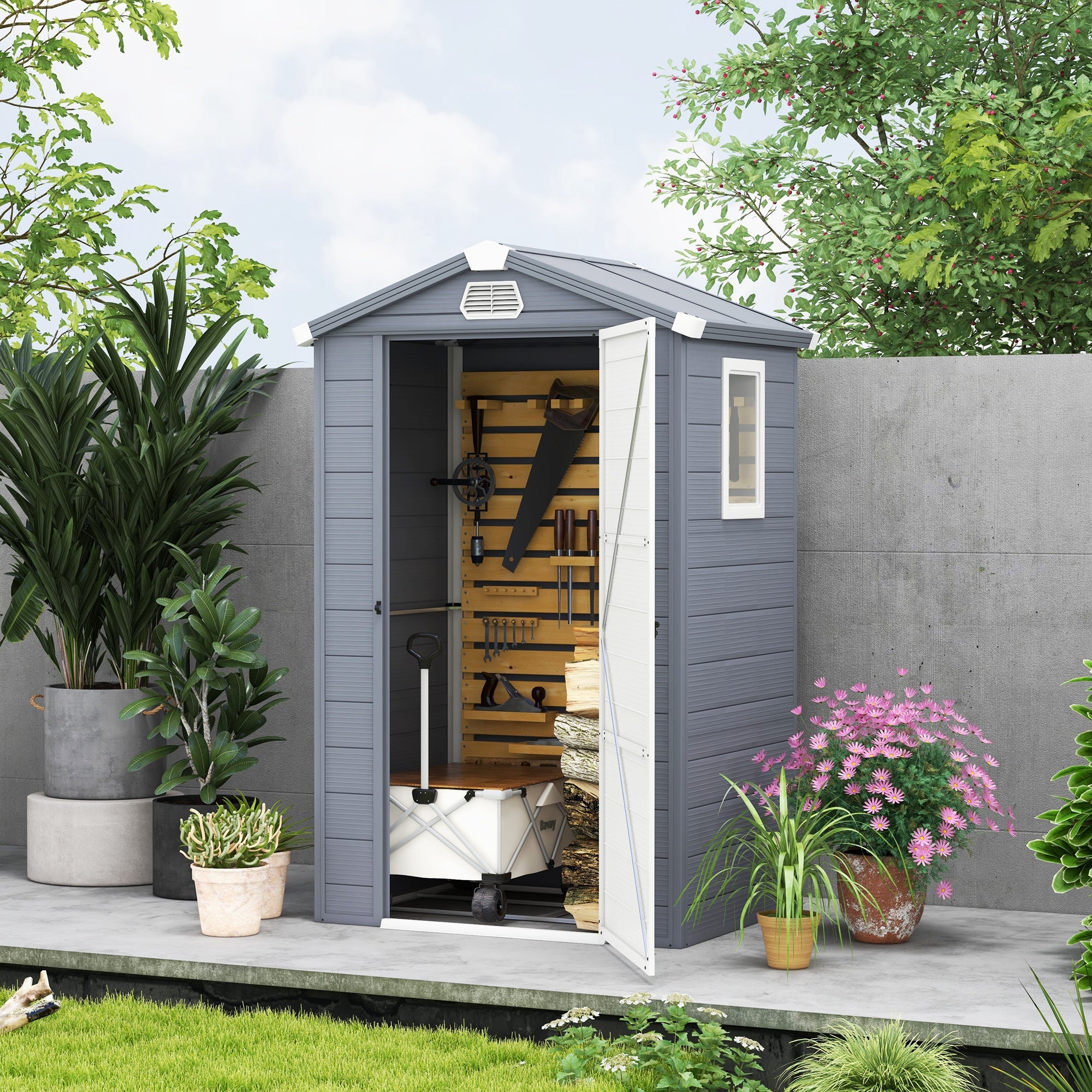 4.4ft x 3.3ft Aluminium Frame Plastic Wall Garden Shed with Foundation - Grey