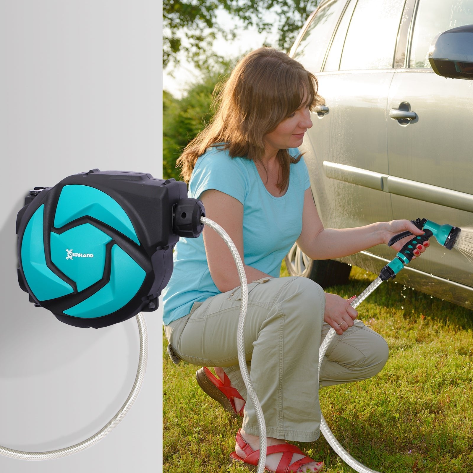 10m Garden Auto Hose Reel Wall Mounted Retractable 7 Patterns Spray Nozzle - Bedzy UK modern and affordable home furniture England