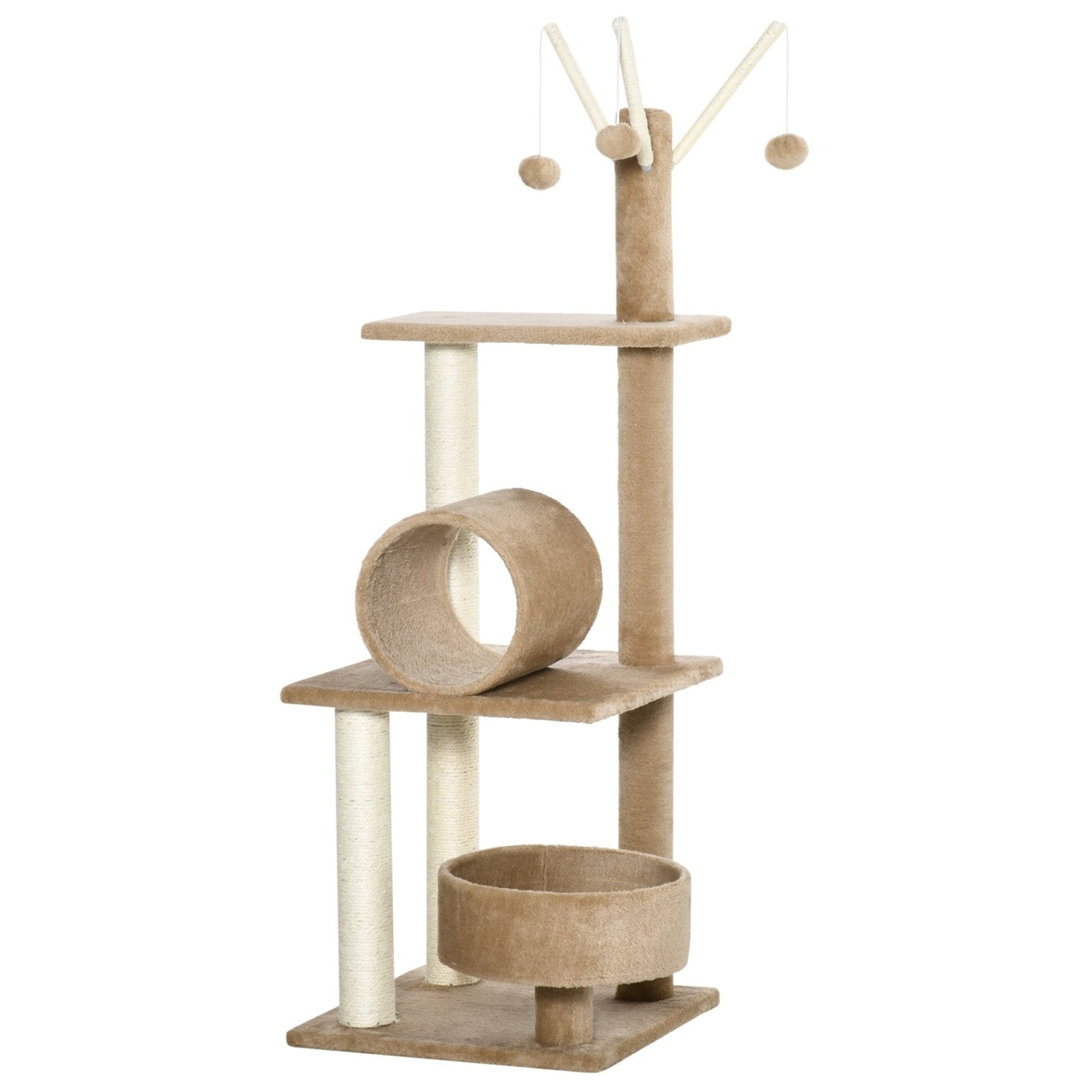 121cm Cat Tree Tower Kitten Activity Center Scratching Post with Bed Tunnel Perch Interactive Ball Toy Brown - Bedzy UK modern and affordable home furniture England