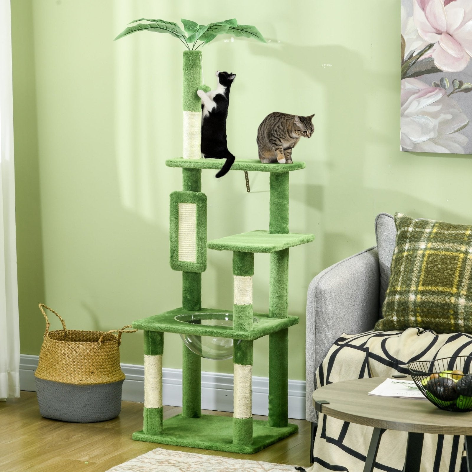 142cm Cat Tree Tower, with Scratching Post, Hammock, Toy Ball, Platforms - Green - Bedzy UK modern and affordable home furniture England