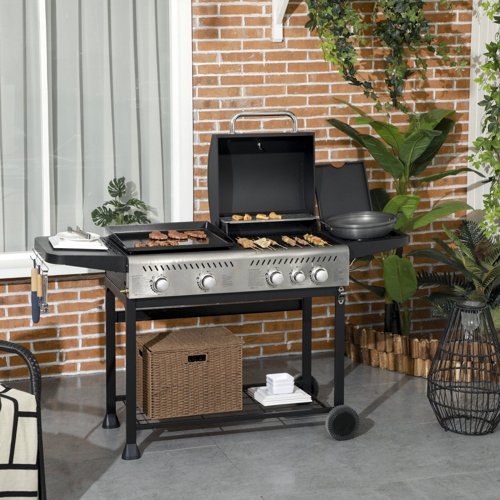 15 kW Gas BBQ Grill and Plancha with Side Burner, Black - Bedzy UK modern and affordable home furniture England