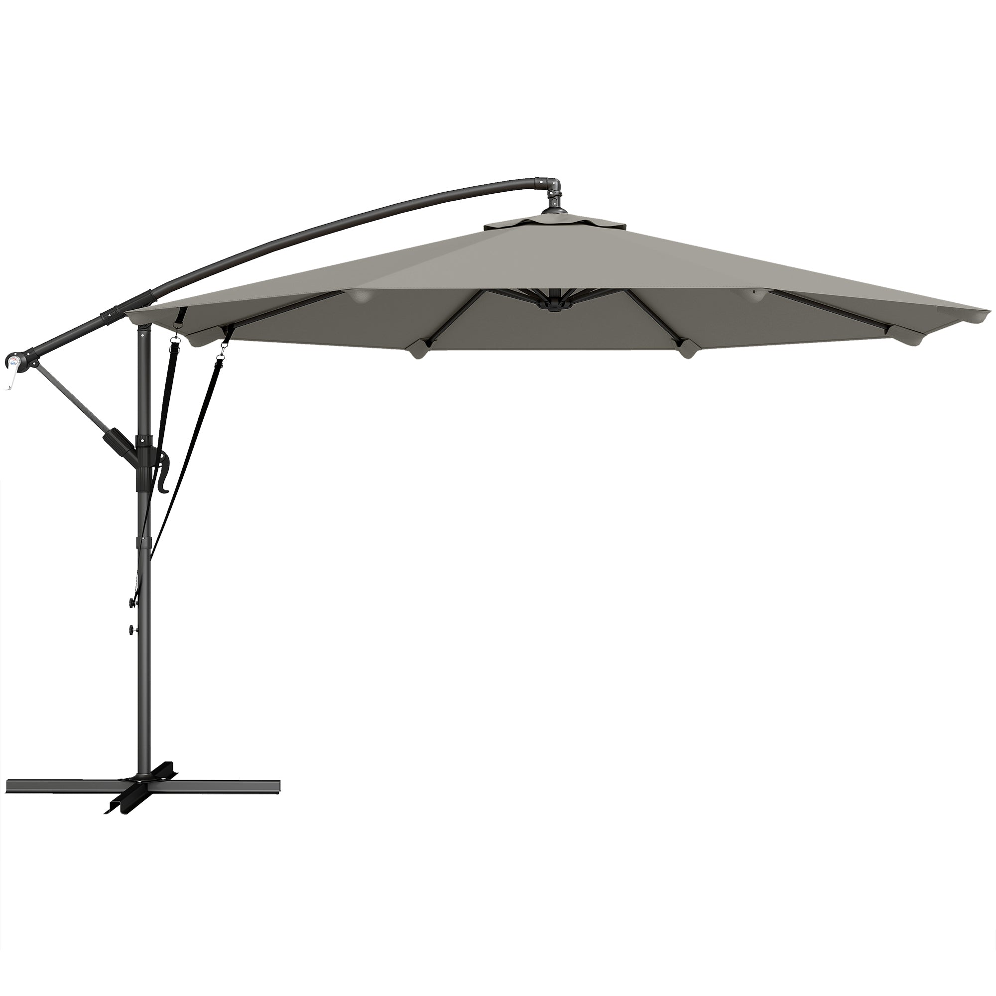 3 m Cantilever Parasol with Protective Cover and Wind Ropes, Banana Parasol with Crank Handle, Light Grey