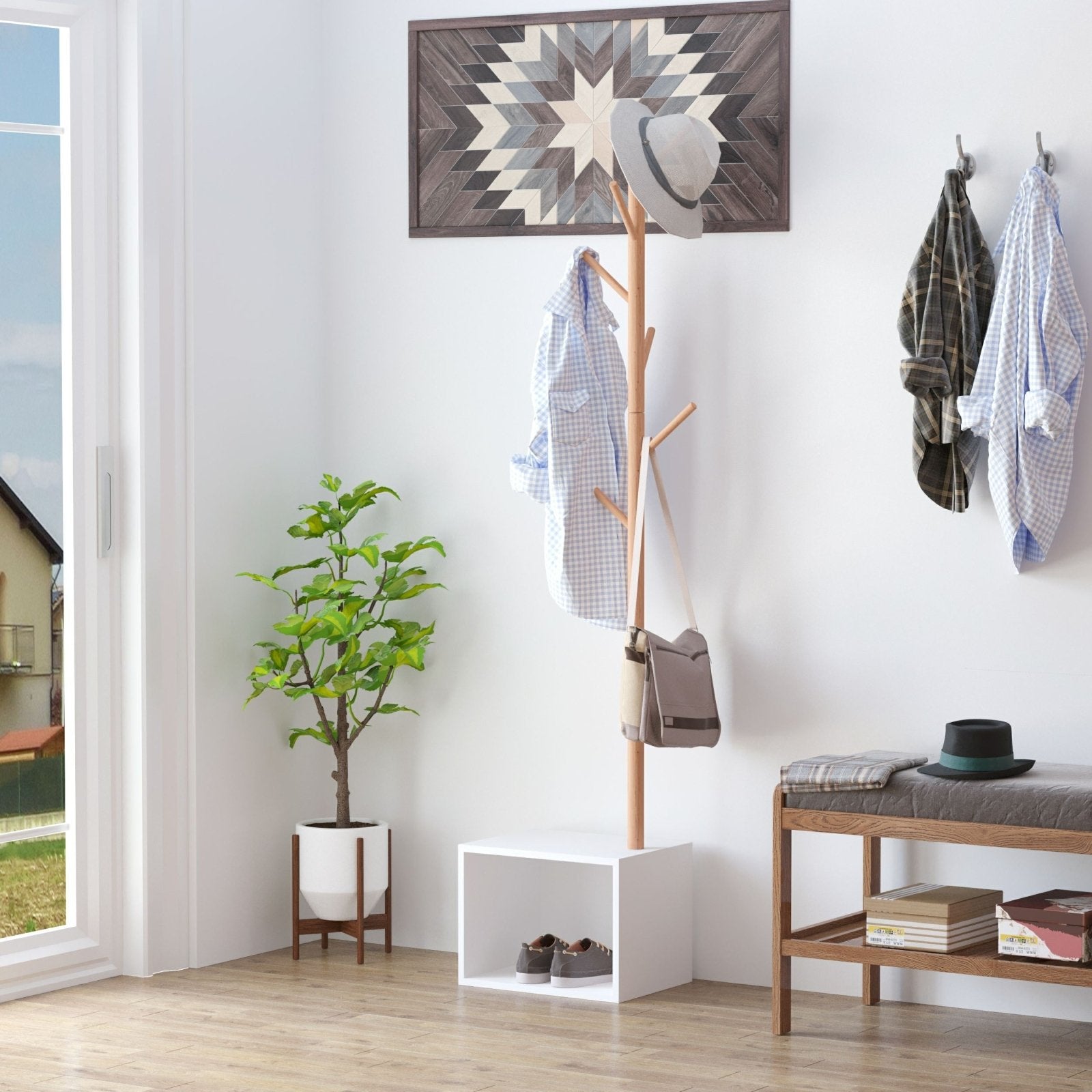 180 cm Coat Rack Storage Bench Hallway Tree Hat Hanger Entryway Stand Garment Organiser Bedroom Living Room - Bedzy UK modern and affordable home furniture England