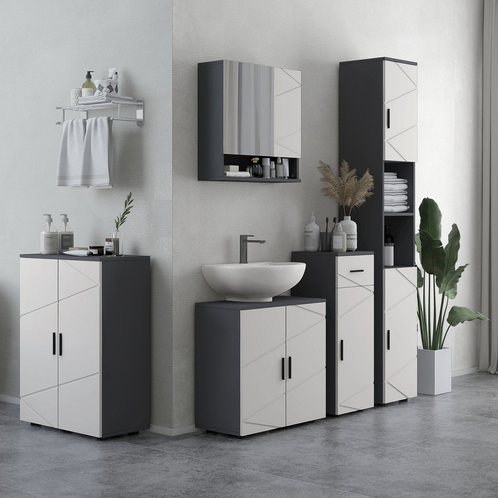 183cm Tall Bathroom Cabinet, Narrow Bathroom Storage Cabinet w/ Open Shelves, 2 Doors Cabinets, Adjustable Shelves, Grey - Bedzy UK modern and affordable home furniture England