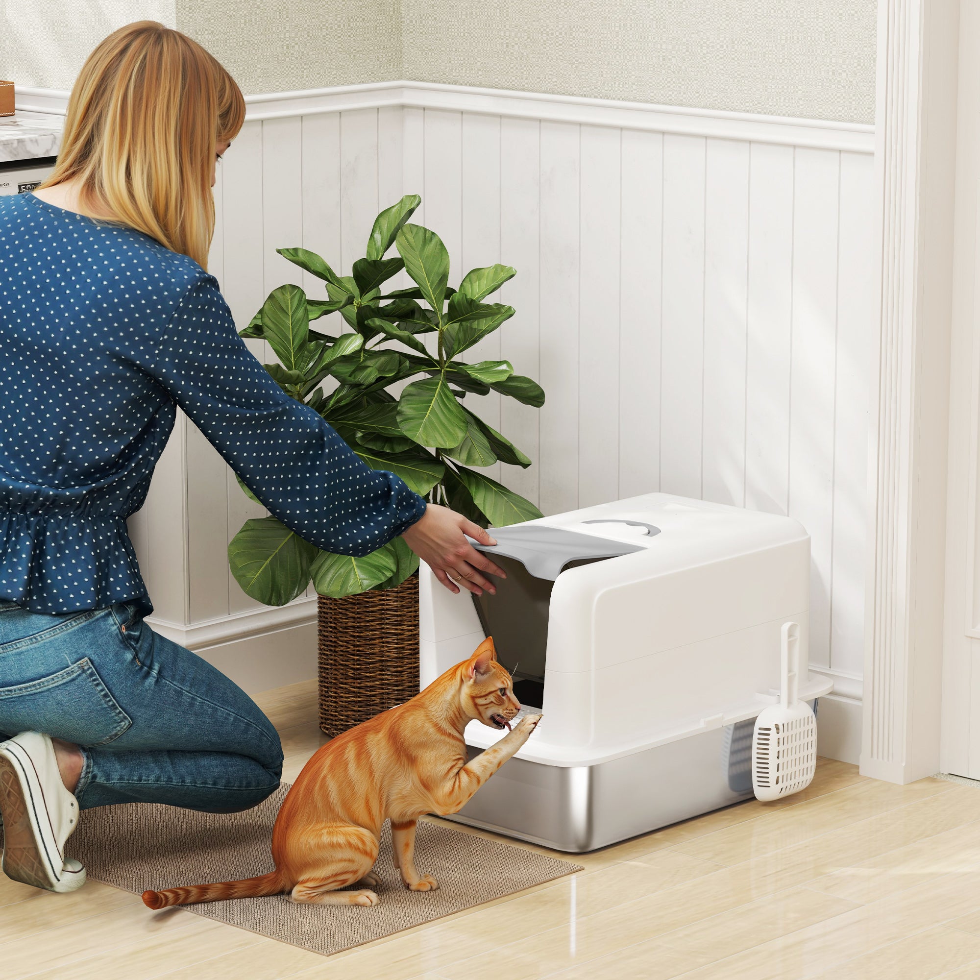 Stainless Steel Cat Litter Box for Larger Cats with Removable Lid, Scoop & Filter Bags - White