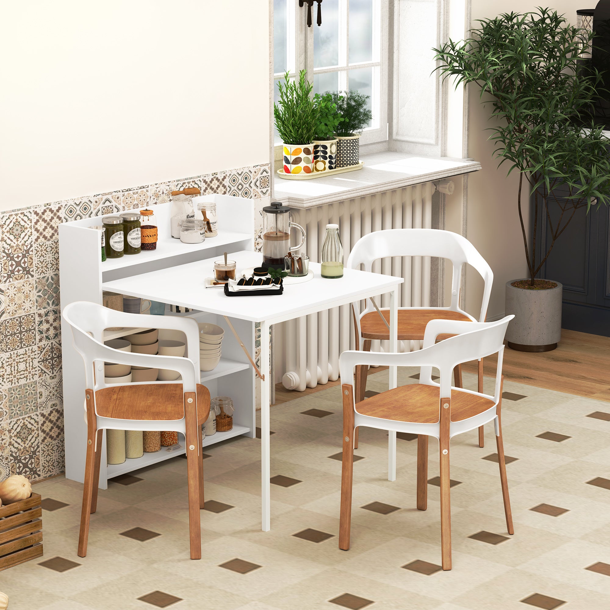 Kitchen Table, Folding Dining Table, with 4-Tier Shelves, Modern Drop-Leaf Table, White