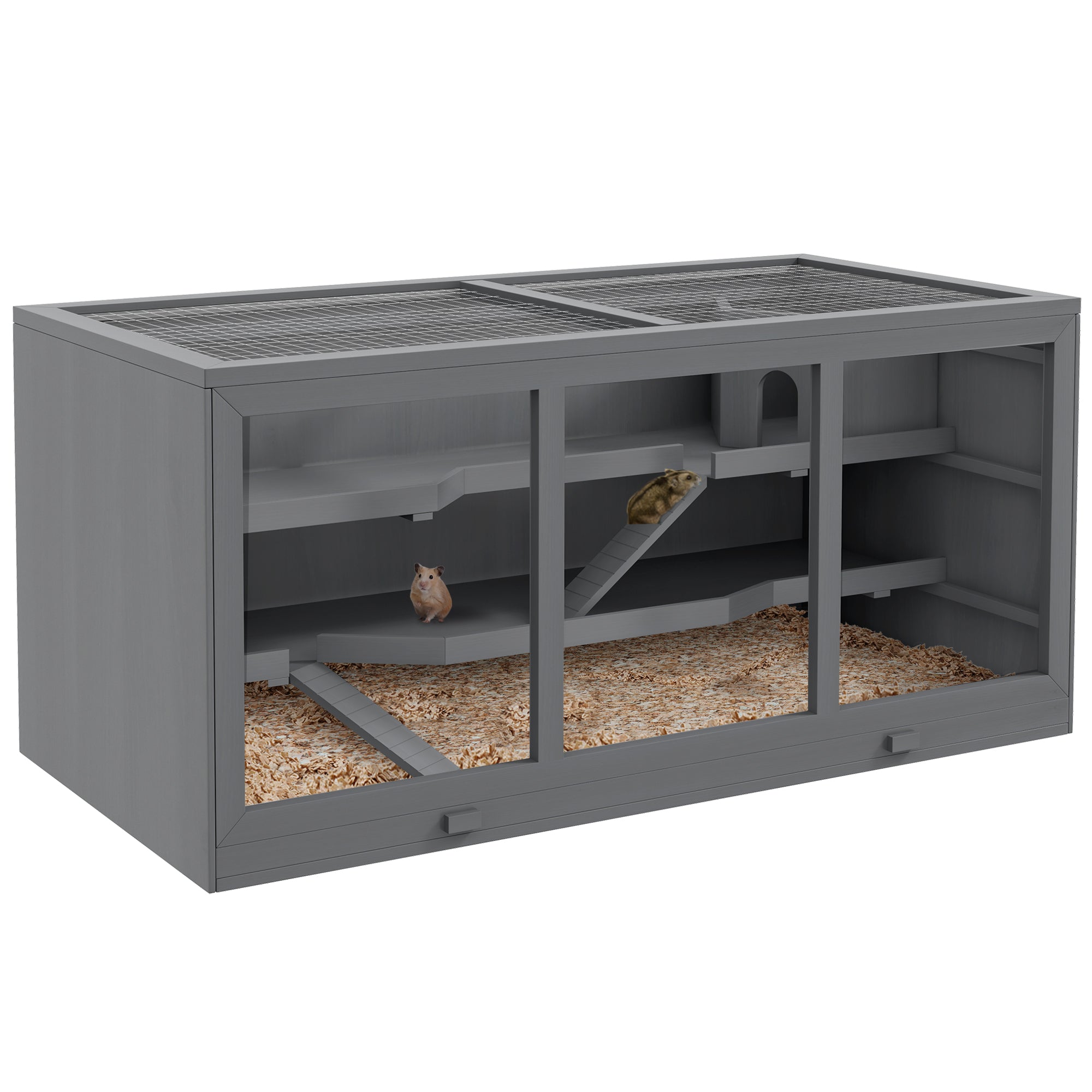 Wooden Hamster Cage Small Animal Hutch with Tray and Openable Top 115x57x55cm - Grey