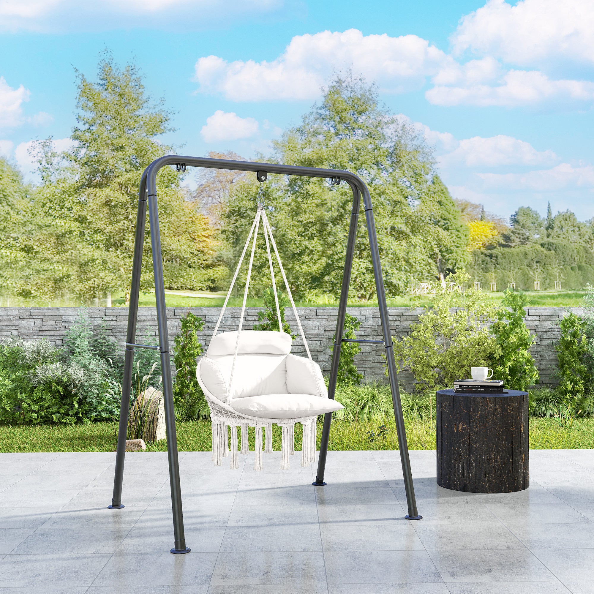 Hanging Hammock Chair with Soft Cushion and Cotton Rope - Cream White