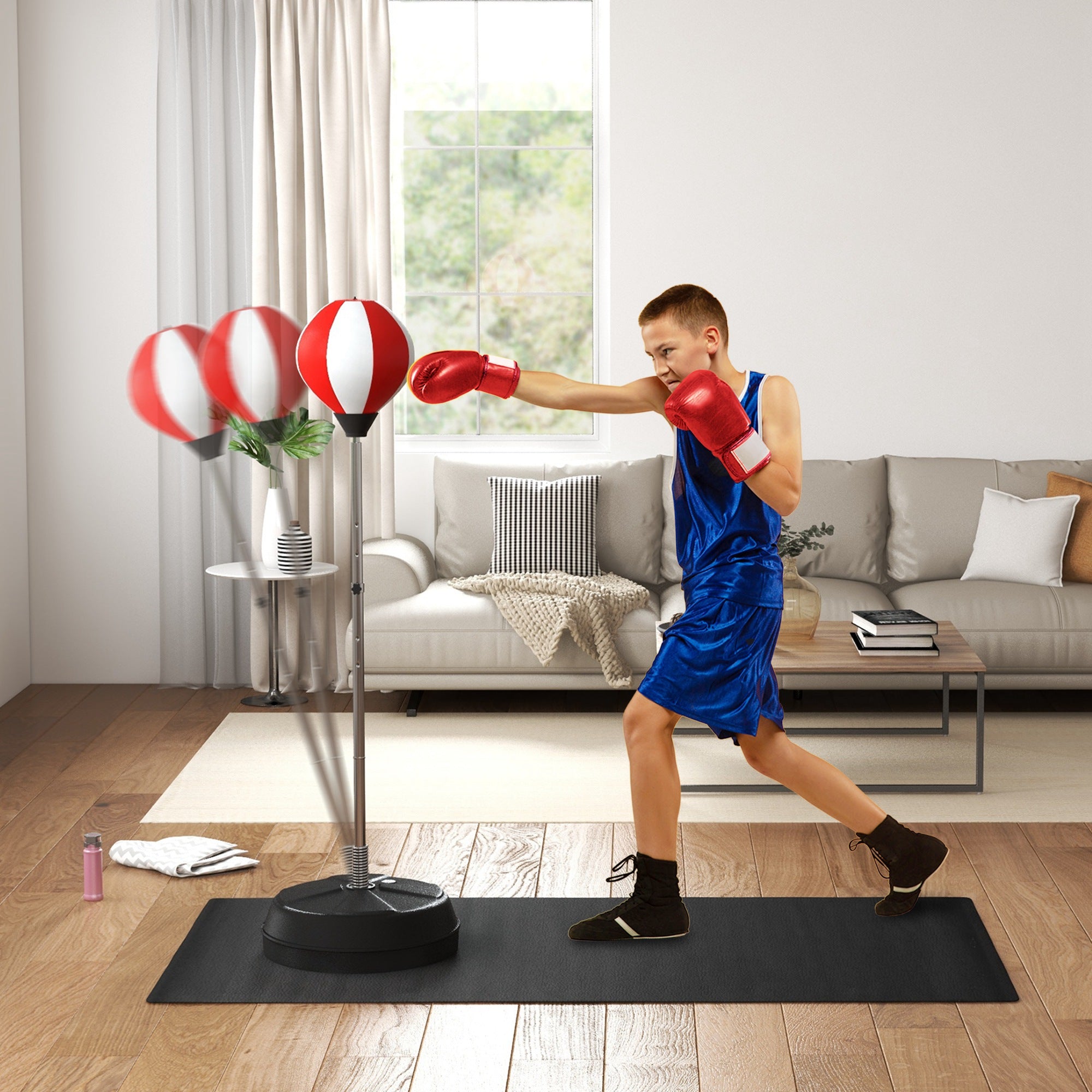 Adjustable Height Punching Bag with Stand and Speed Bag Boxing Set for Teens - Red