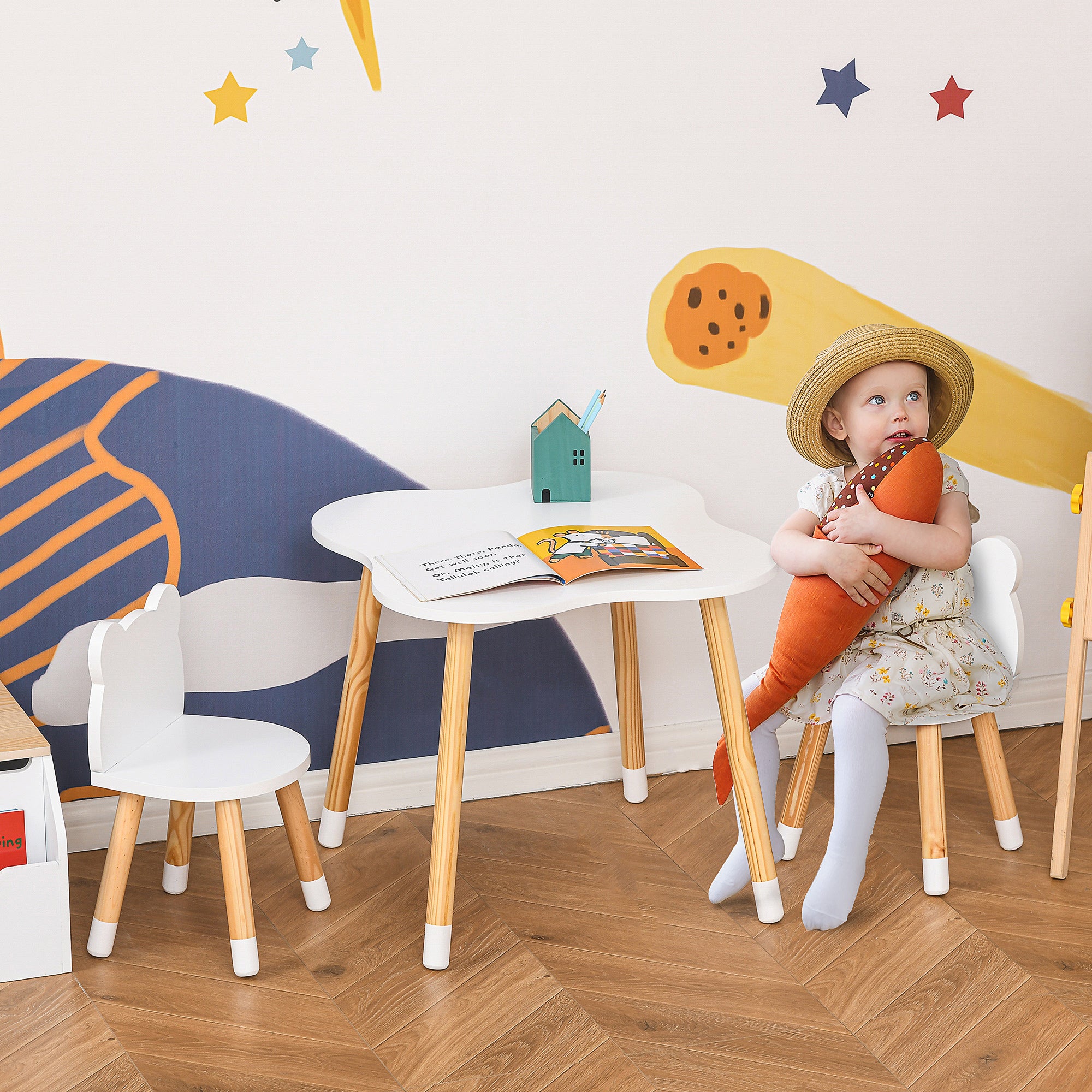 3 Piece Kids Table and Bear-Shaped Chair Set for Toddlers - White
