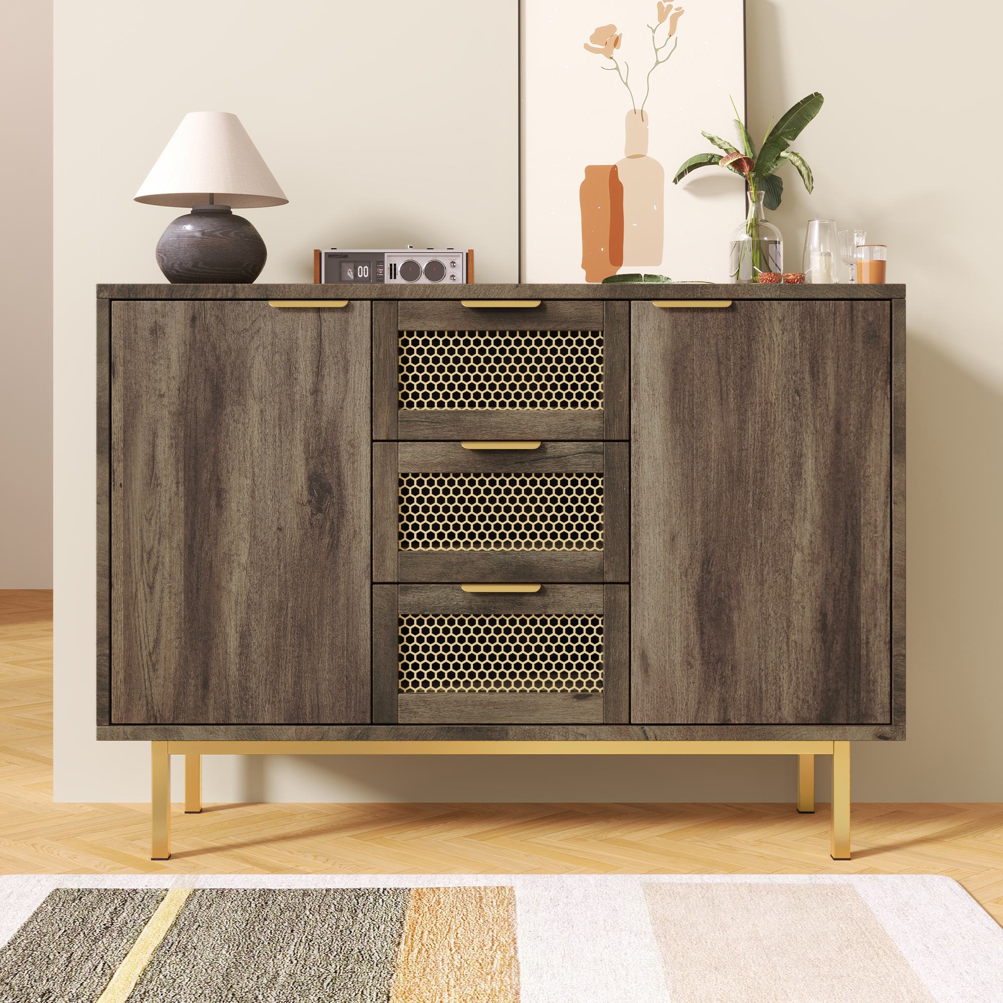 Sideboard Cabinet Dresser with 3 Drawers and 2 Doors, Metal Handles, Multipurpose Storage Cabinet for Hallway, 120L x 40W x 76H cm, Dark Brown