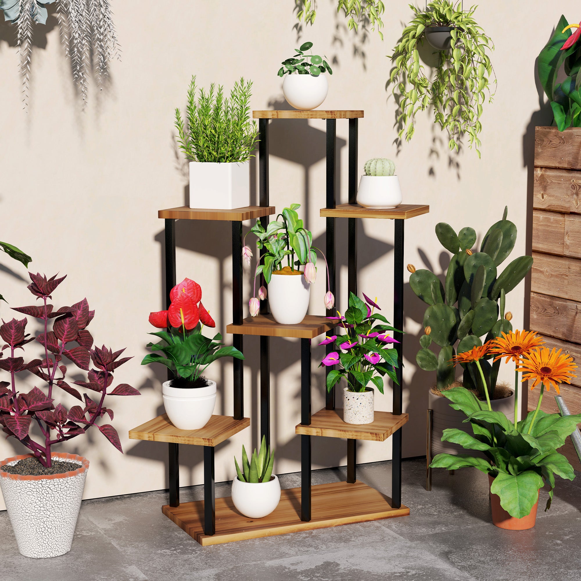 7 Tier Steel and Wood Plant Stand with Carbonised Finish - Indoor Outdoor