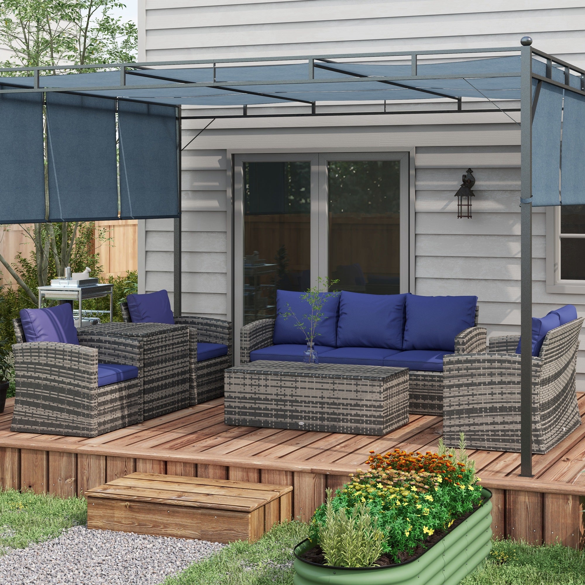 6 Piece Rattan Garden Furniture Set with Storage Tables and Cushions - Navy Blue