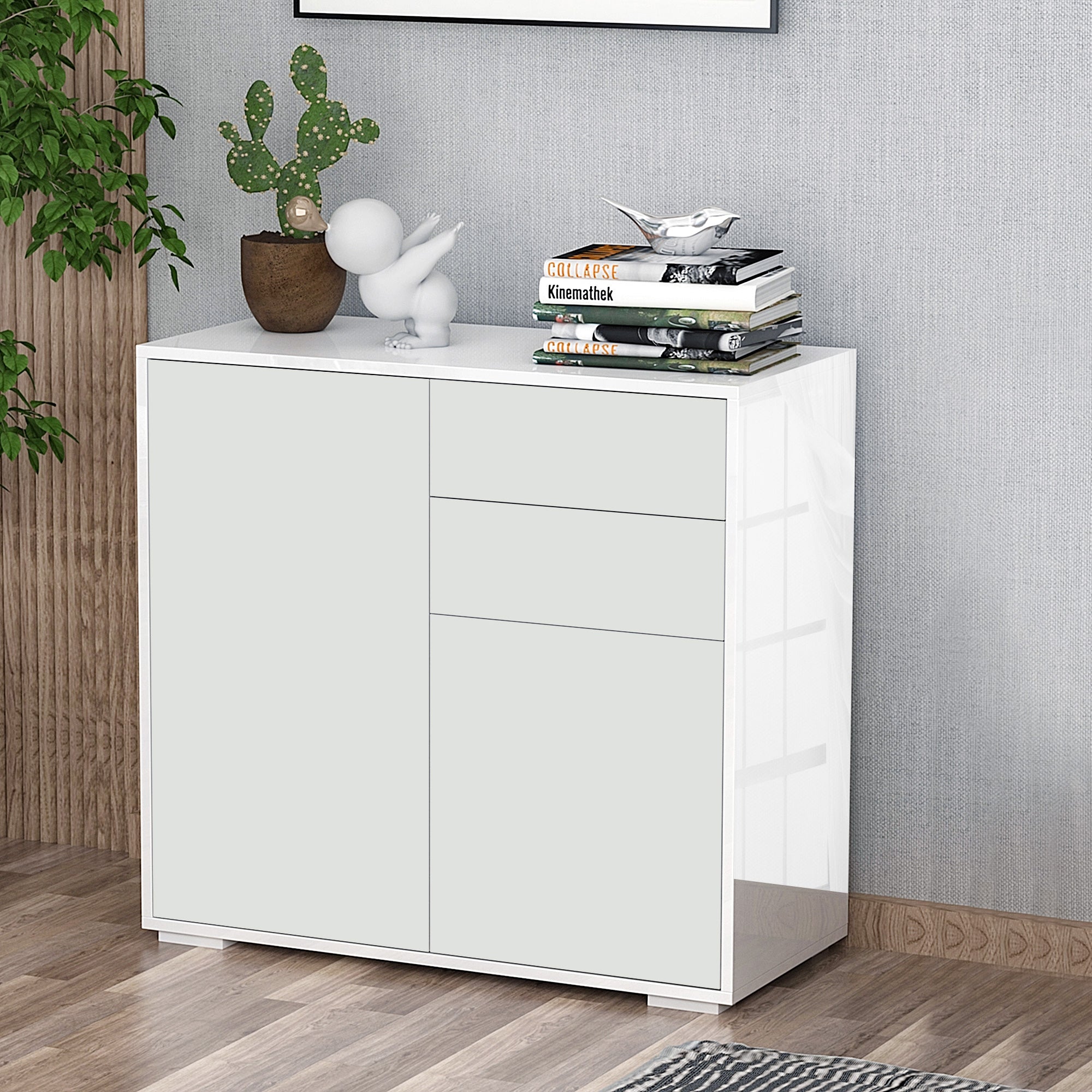 High Gloss Frame Sideboard, Side Cabinet, Push-Open Design with 2 Drawer for Living Room, Bedroom, White