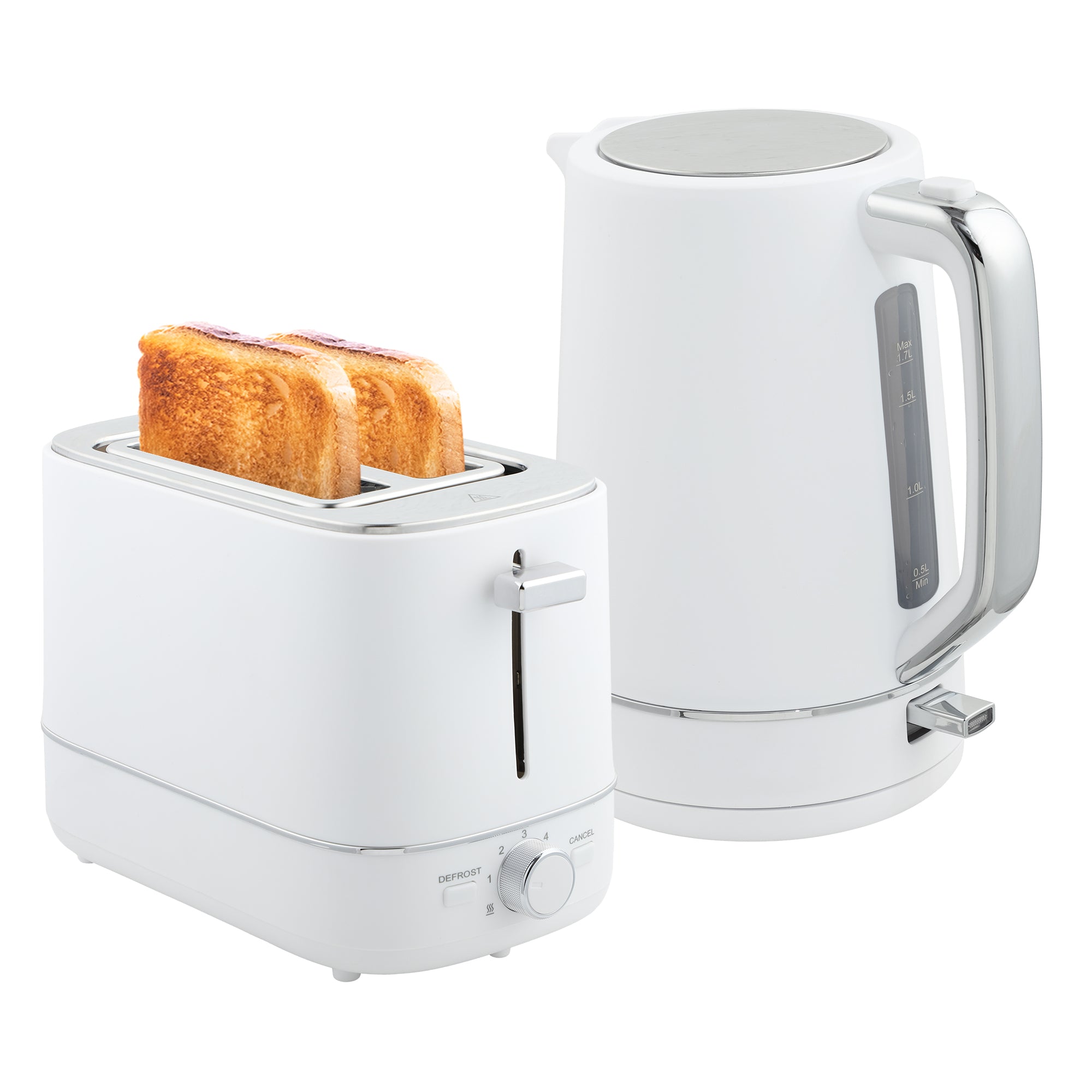 Kettle and Toaster Set, 1.7L 3000W Fast Boil Kettle & 2 Slice Toaster Kitchen Set with 6 Level Browning Controls, Defrost, Reheat, White