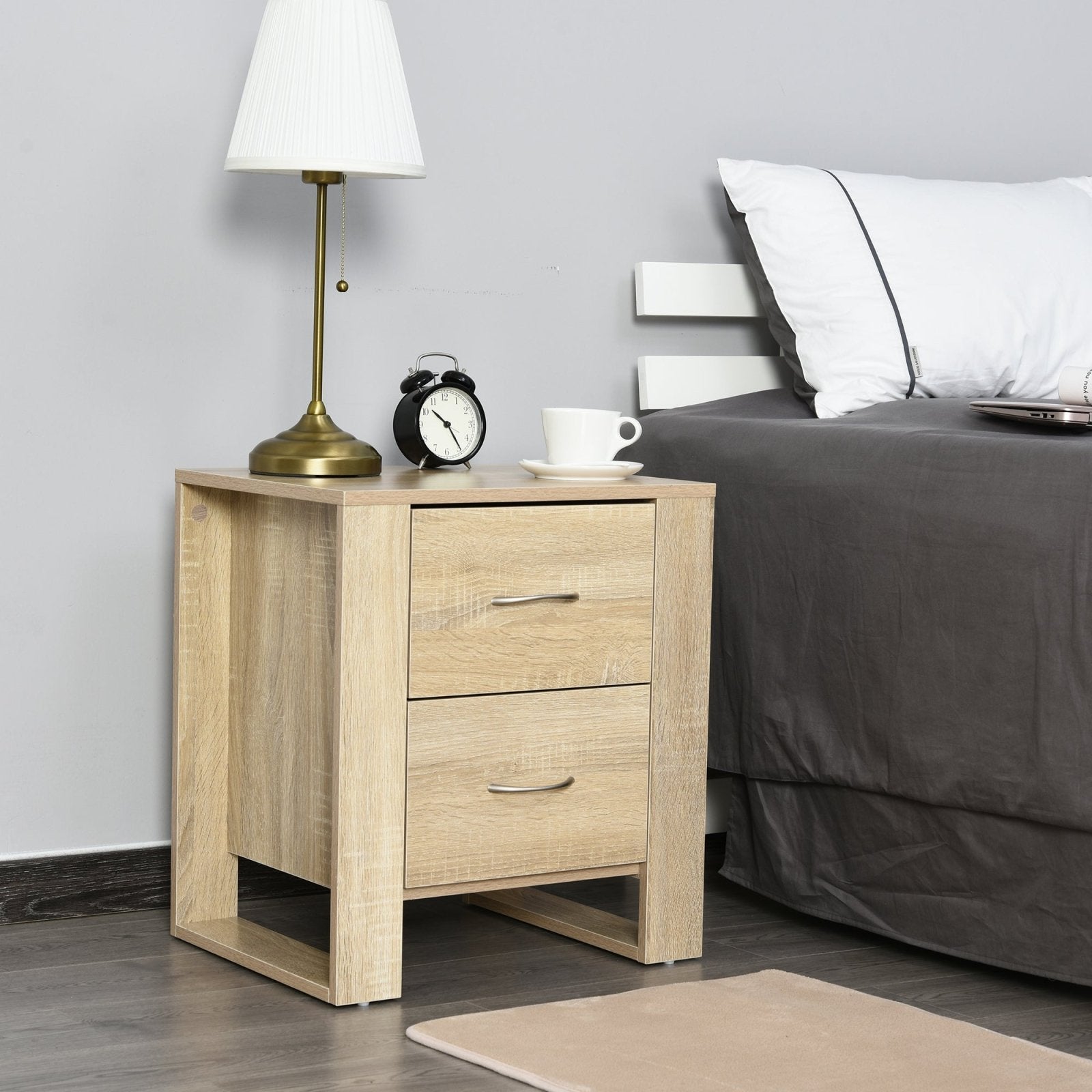 2 Drawer Modern Boxy Bedside Table w/ Handles Elevated Base Melamine Coating Bedroom Storage Furniture Night Stand Organisation Oak Brown - Bedzy UK modern and affordable home furniture England