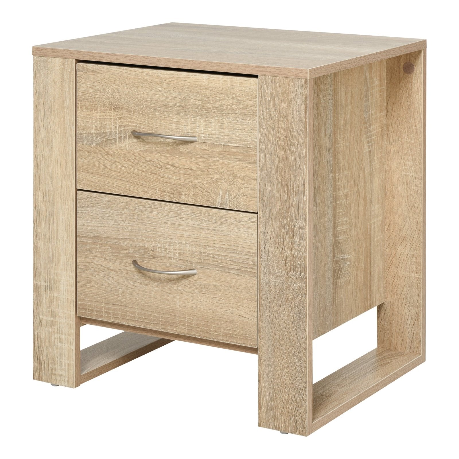 2 Drawer Modern Boxy Bedside Table w/ Handles Elevated Base Melamine Coating Bedroom Storage Furniture Night Stand Organisation Oak Brown - Bedzy UK modern and affordable home furniture England