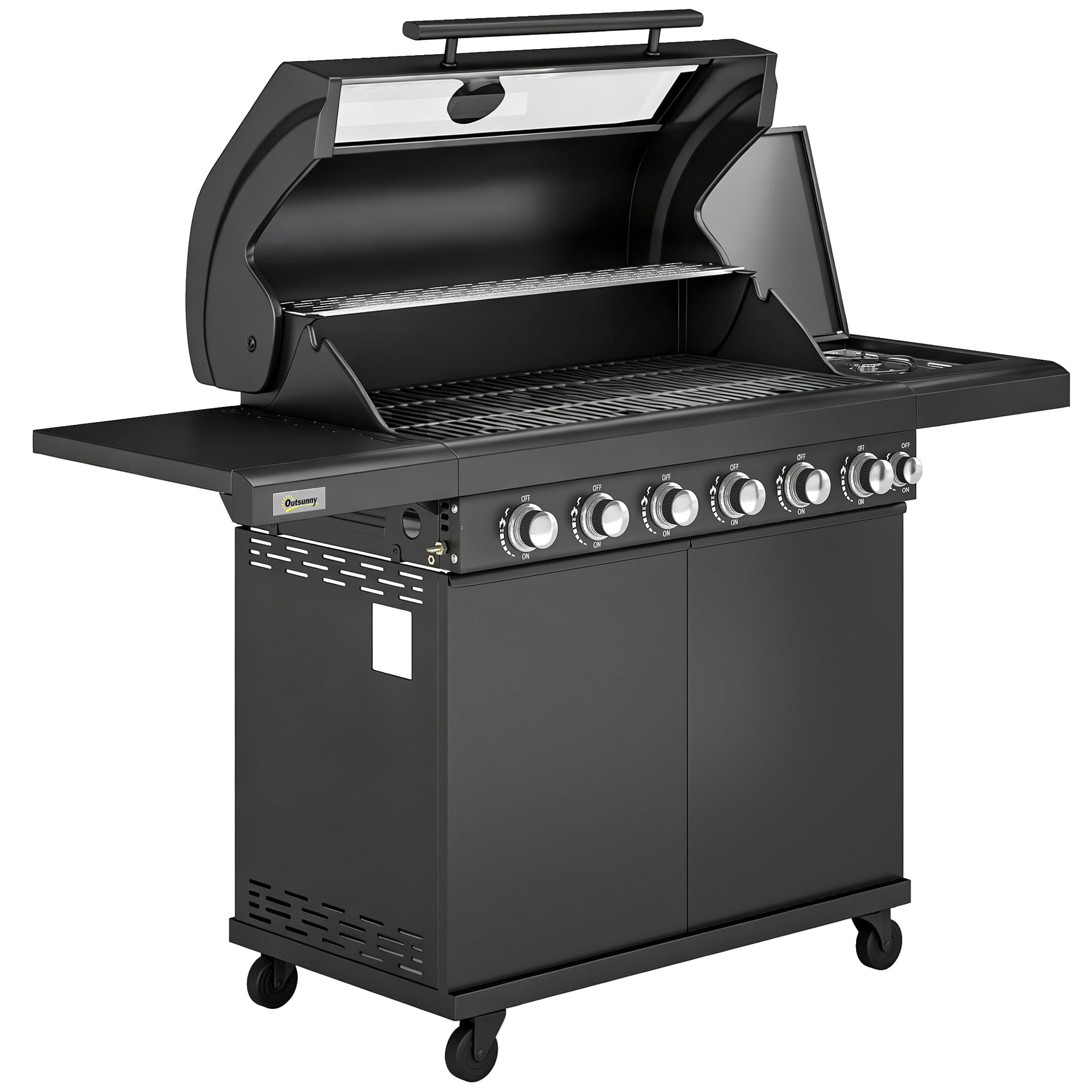 6+1 Burner Gas BBQ Grill, Outdoor Barbecue Trolley with Wheels, Warming Rack, Thermometer, Bottle Opener, Black