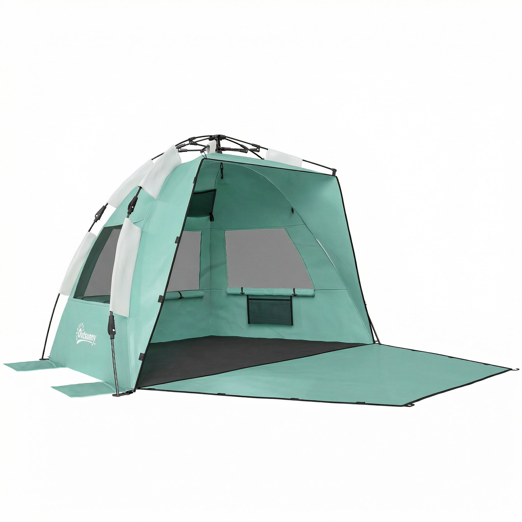 2-3 Person Pop Up Beach Tent, UPF15+ Sun Shelter with Extended Floor, Sandbags, Mesh Windows and Carry Bag, Green