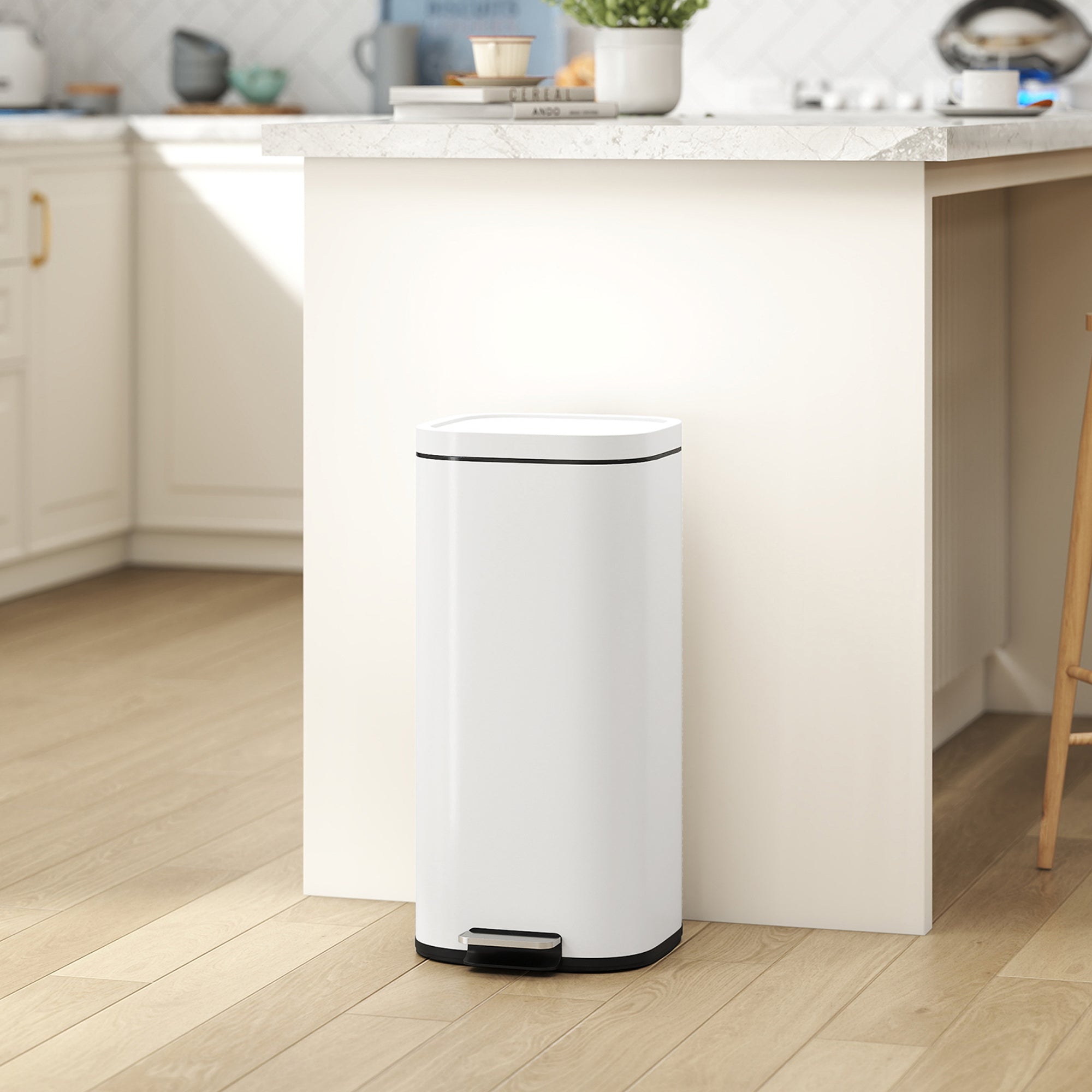 30L Kitchen Bin, Compact Pedal Bin with Soft-Close and Stay-Open Lid, Removable Bucket for Kitchen, Home, Office, Cream