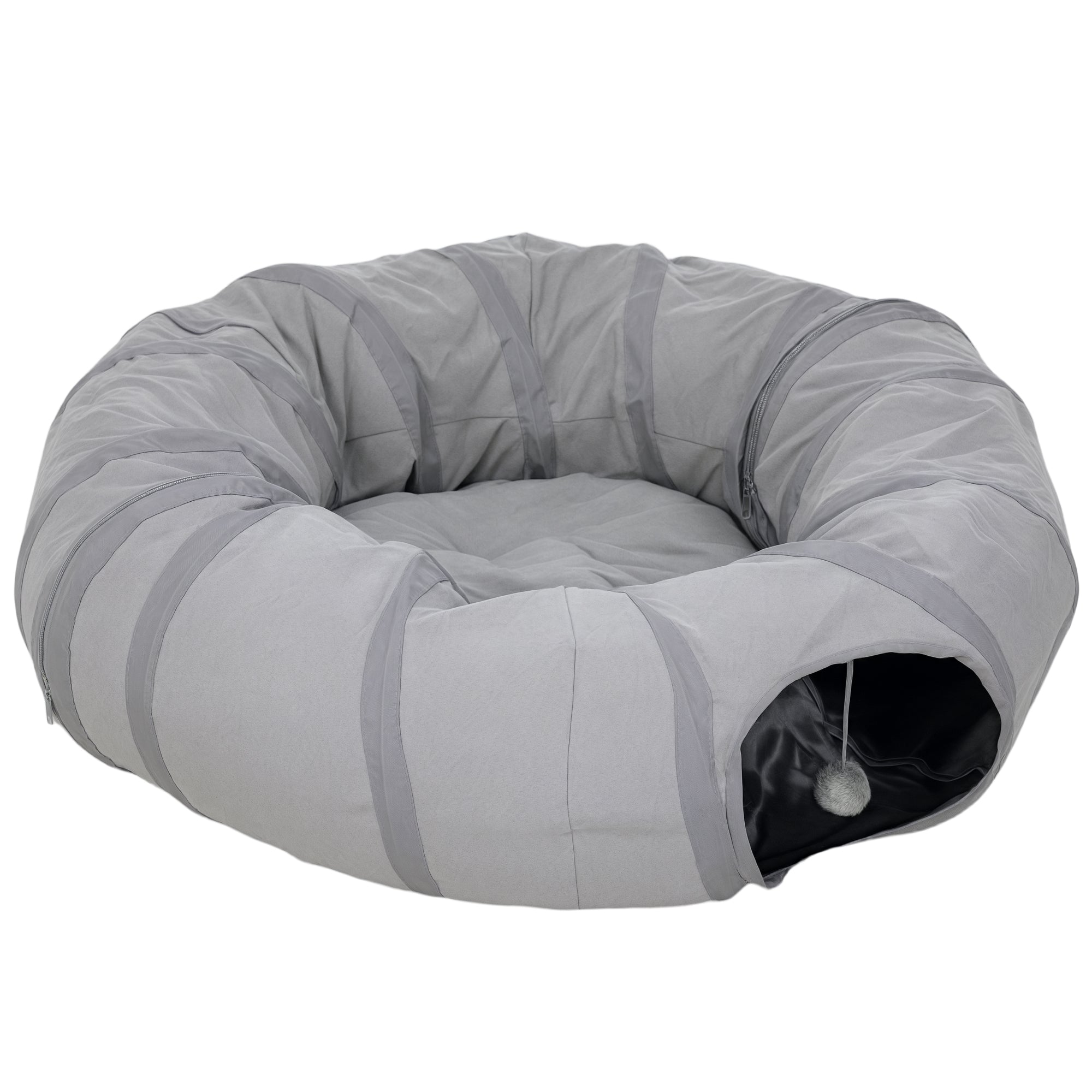 2 in 1 Cat Tunnel with Bed, Cat Play Tunnel with Ball & Peek Hole for Indoor Cats, Grey