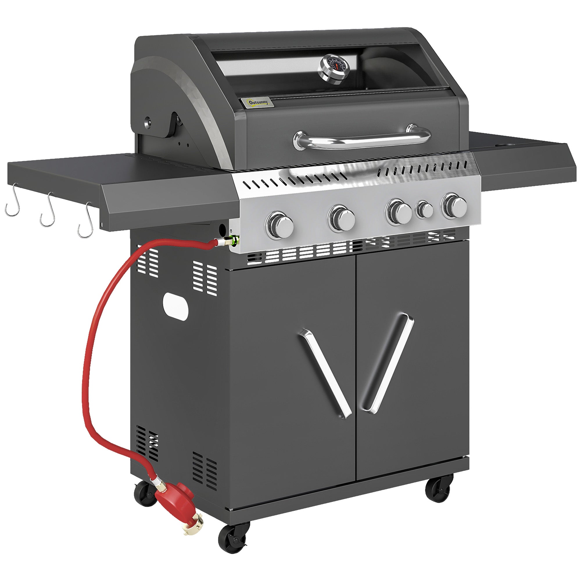 4+1 Burner Portable Gas BBQ Grill with Thermometer and Side Table - Black
