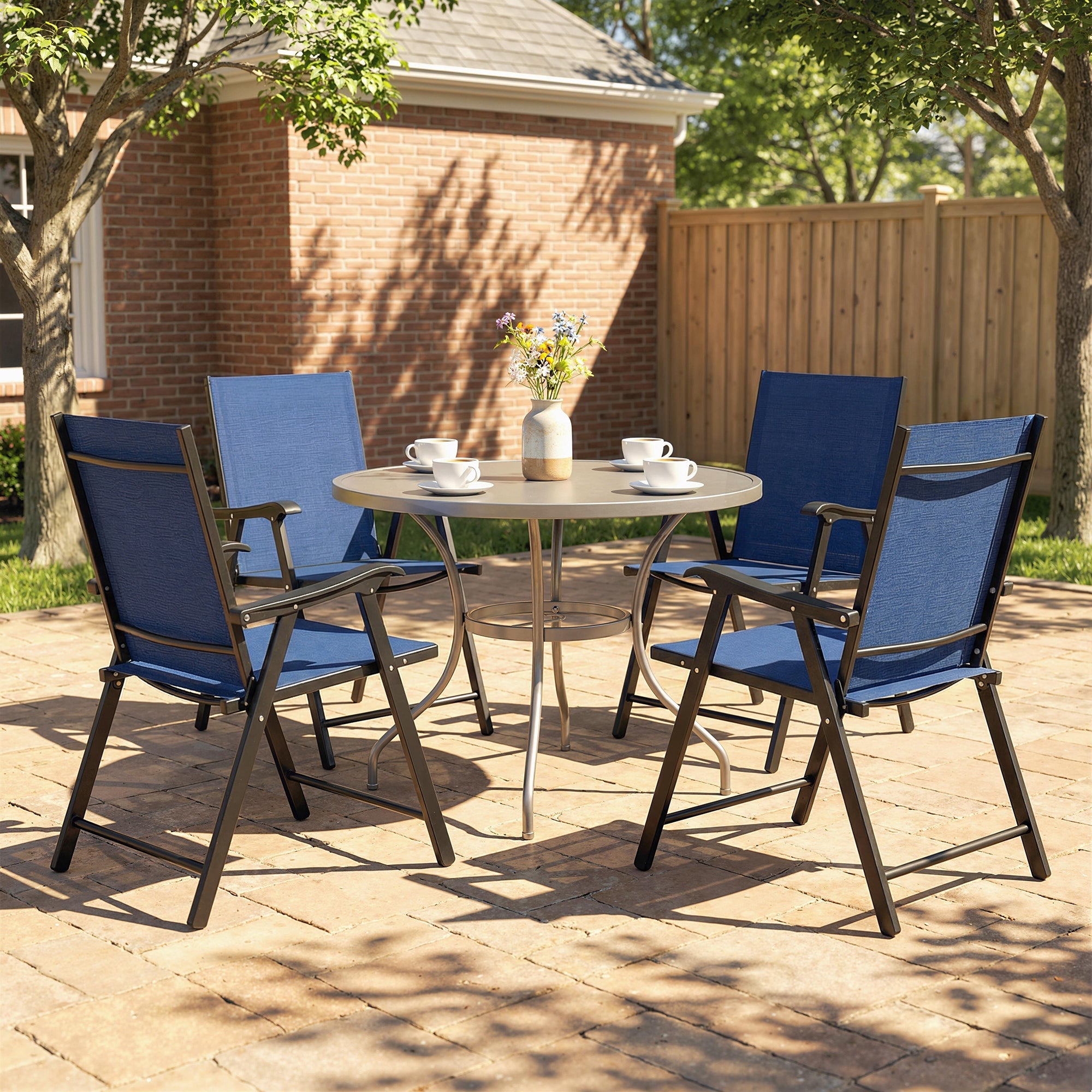 Folding Garden Chairs Set of 4, Foldable Garden Dining Chairs with High Back, Armrests, Texteline Seat, Navy Blue
