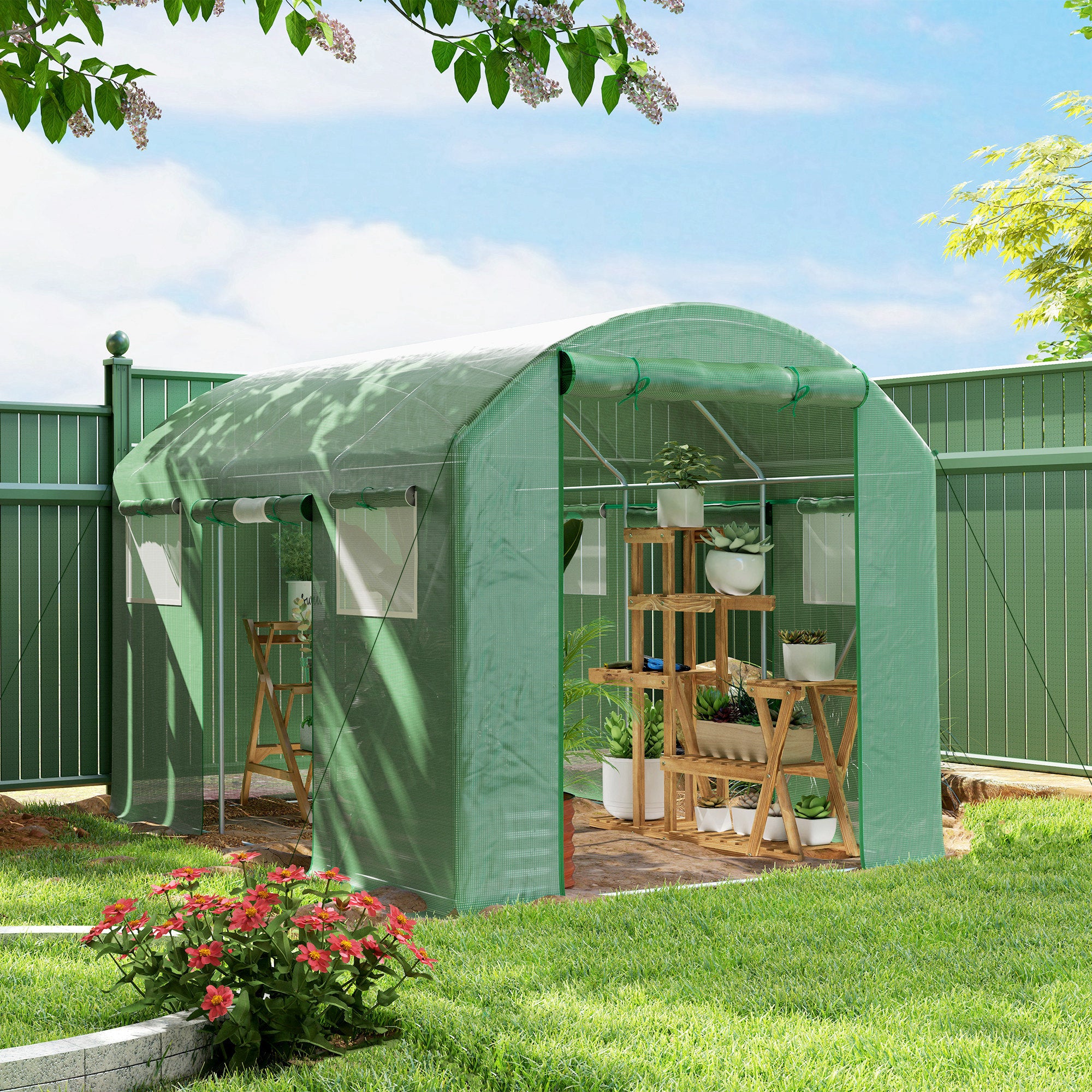 9.8 x 6.6ft Walk-In Polytunnel Greenhouse with Mesh Windows - Green