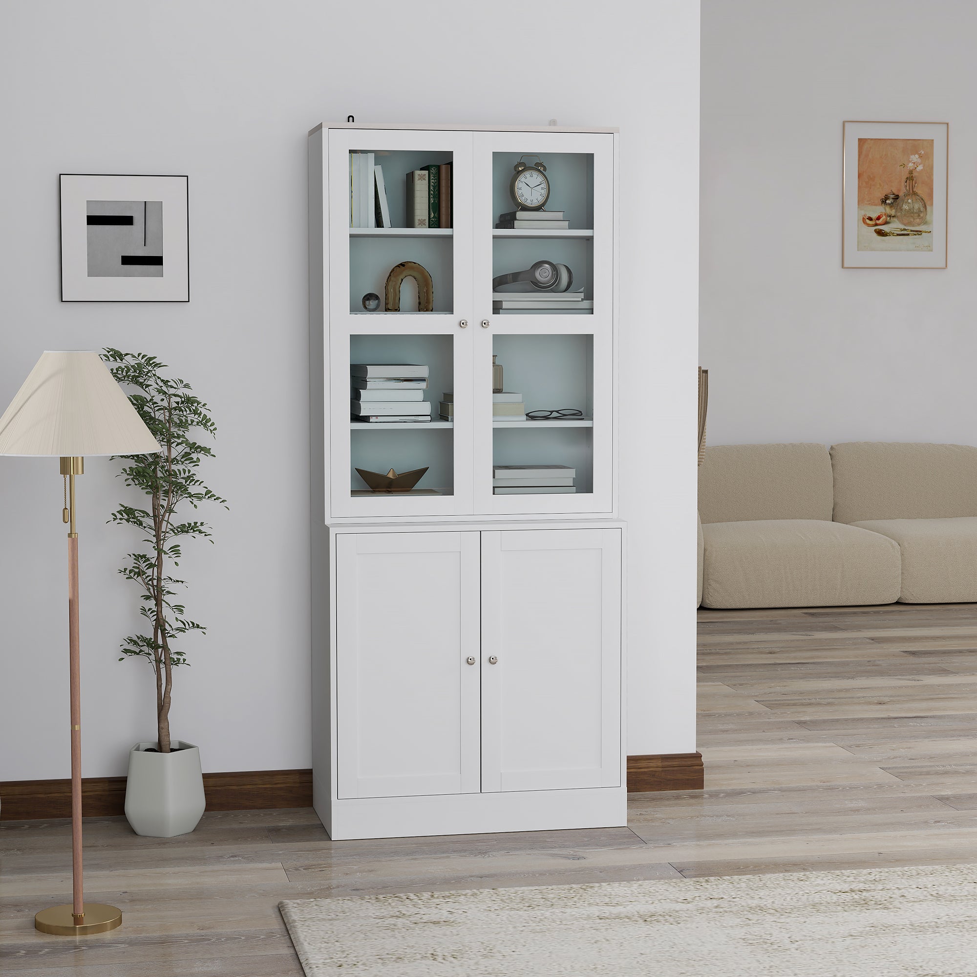 Double Storage Display Cabinet with Glass Doors - White