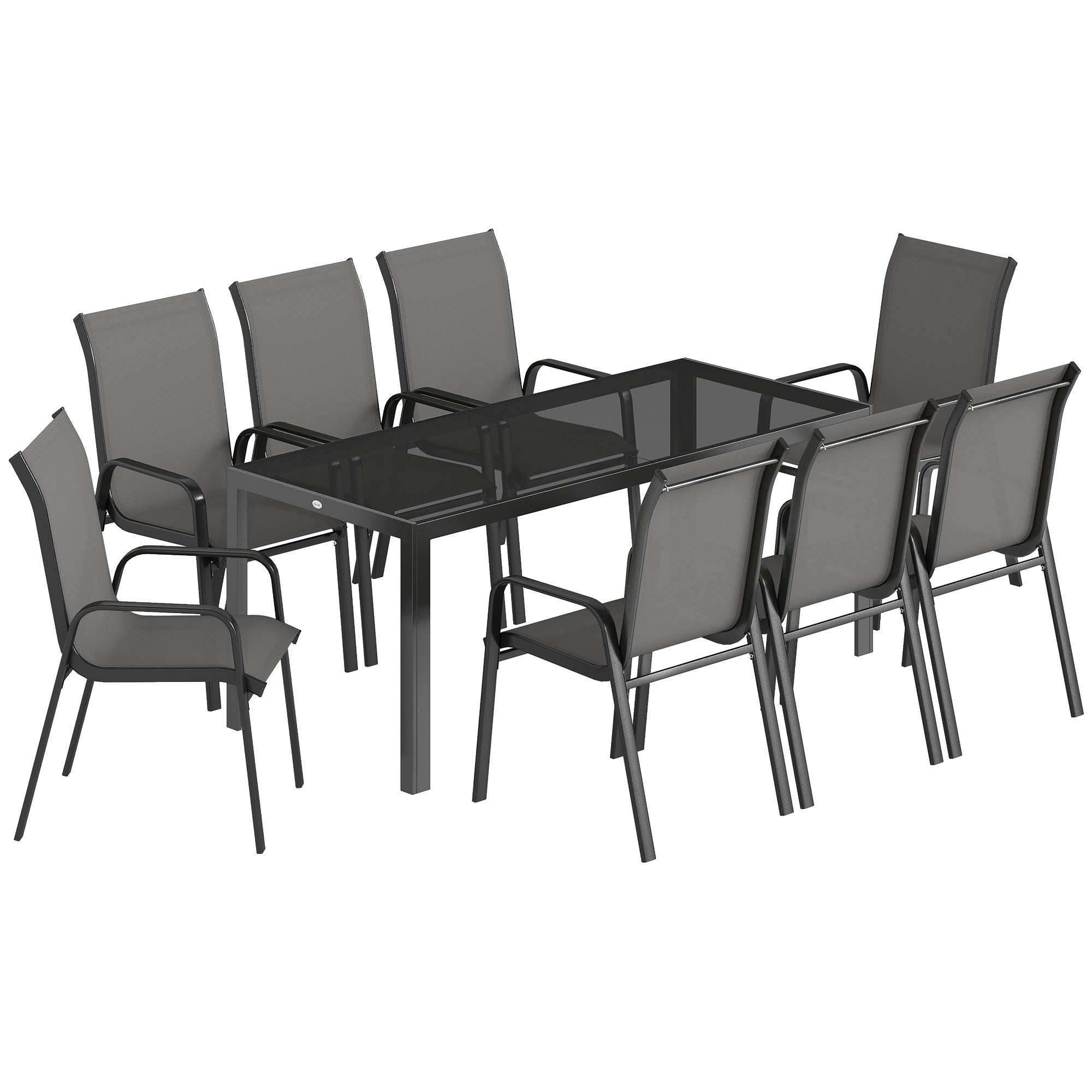 9 Pieces Garden Dining Set, Outdoor Table and Chairs Set for 8, Garden Furniture Set with Tempered Glass Top, Dark Grey