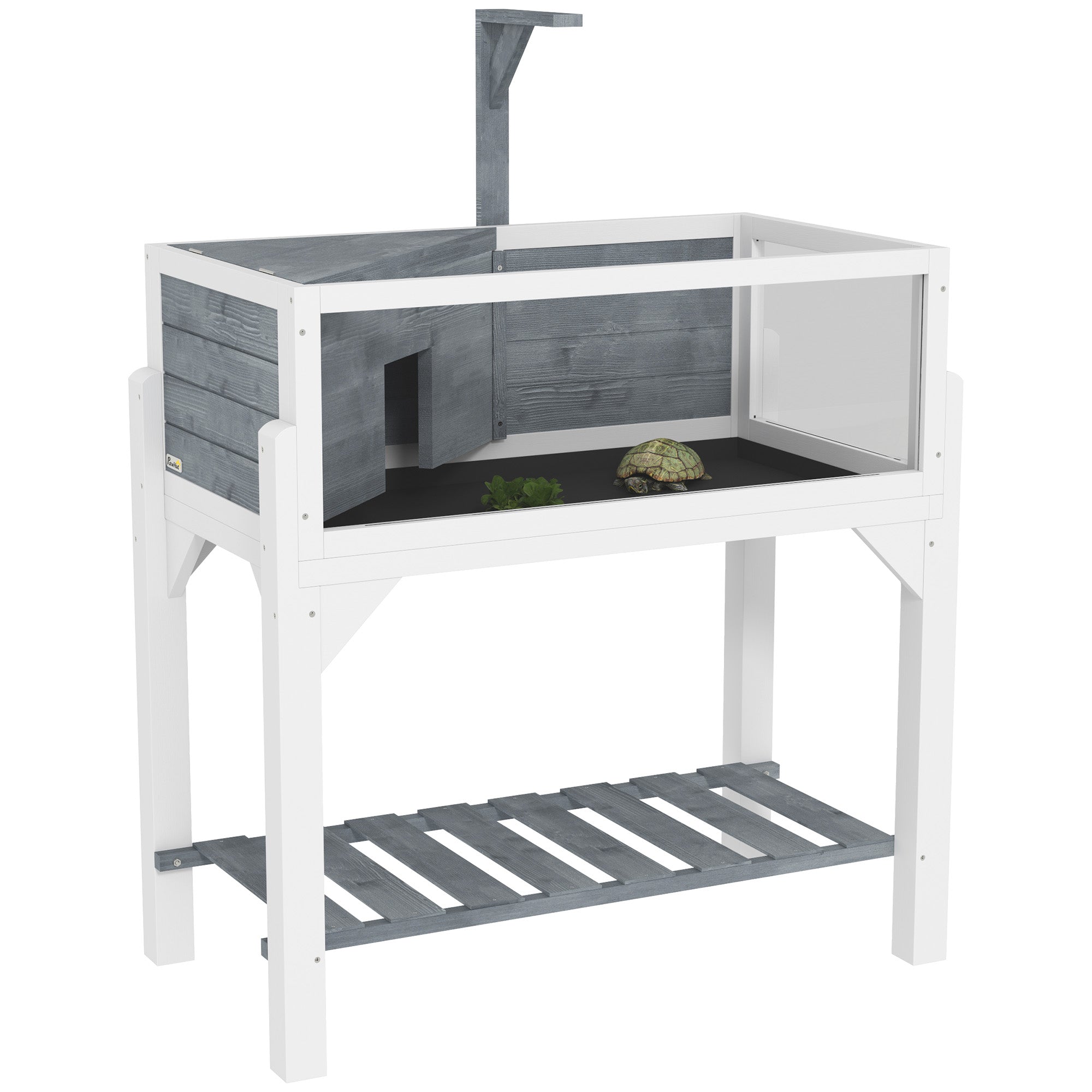 Wooden Tortoise House with Storage Shelf, Clear Observation Windows, Lamp Holder, Openable Top, Built-in Tray, Grey