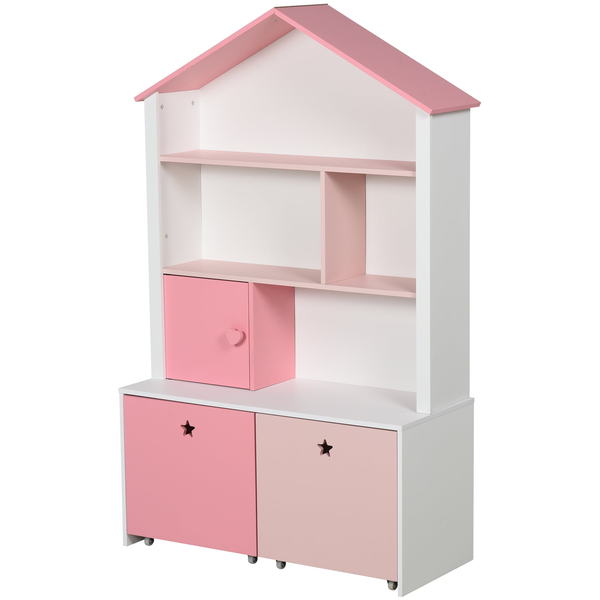 Kids Bookshelf Chest with Drawer and Wheels Pink Wood Organizer Storage Cabinet