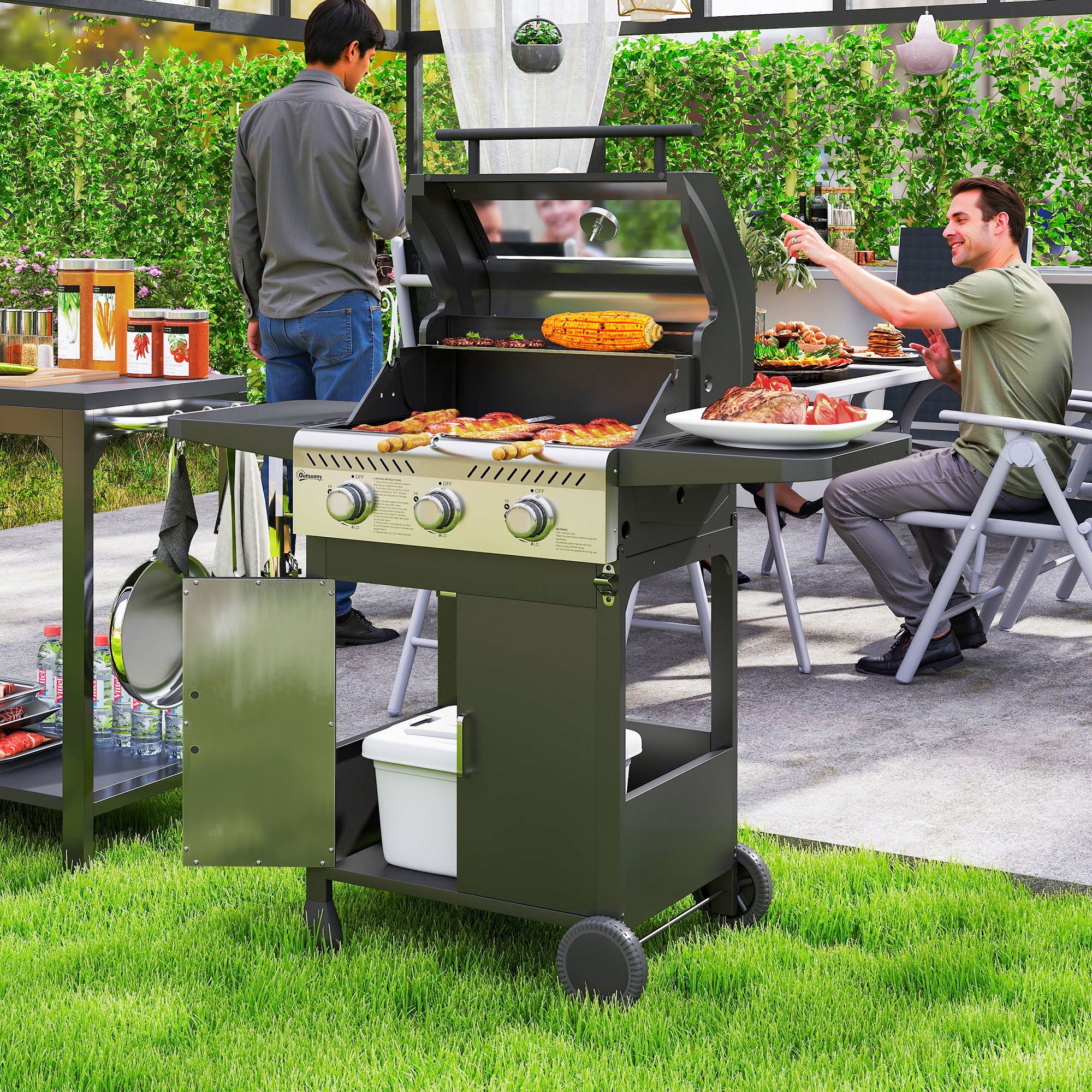 3 Burner Gas BBQ Grill with Thermometer and See-Through Lid - Black